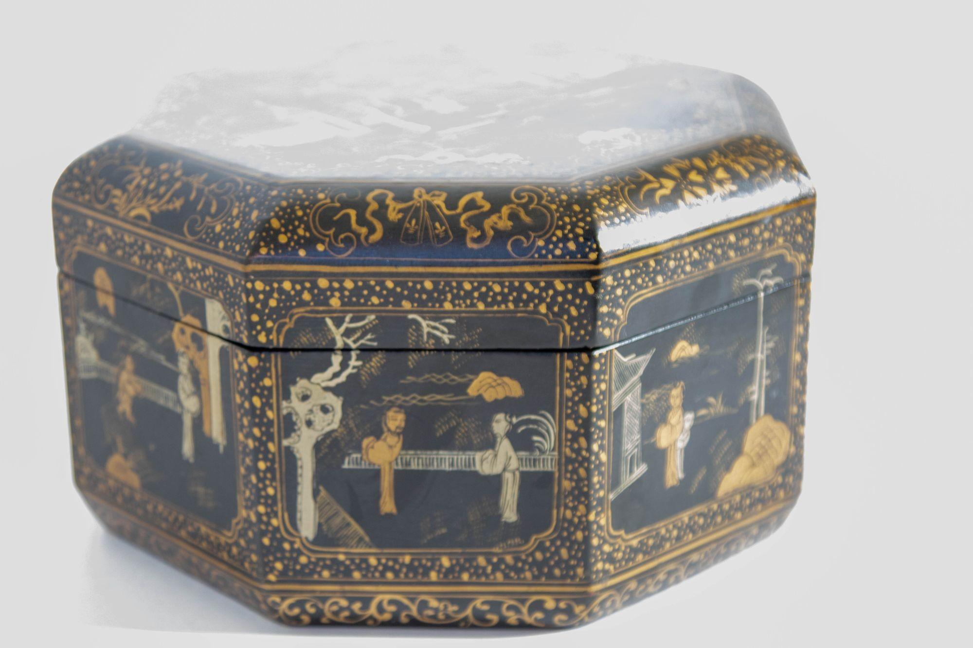 Hand-Crafted Large Chinese Octagonal Black Lacquered Gilt Painted Covered Box 1950s For Sale