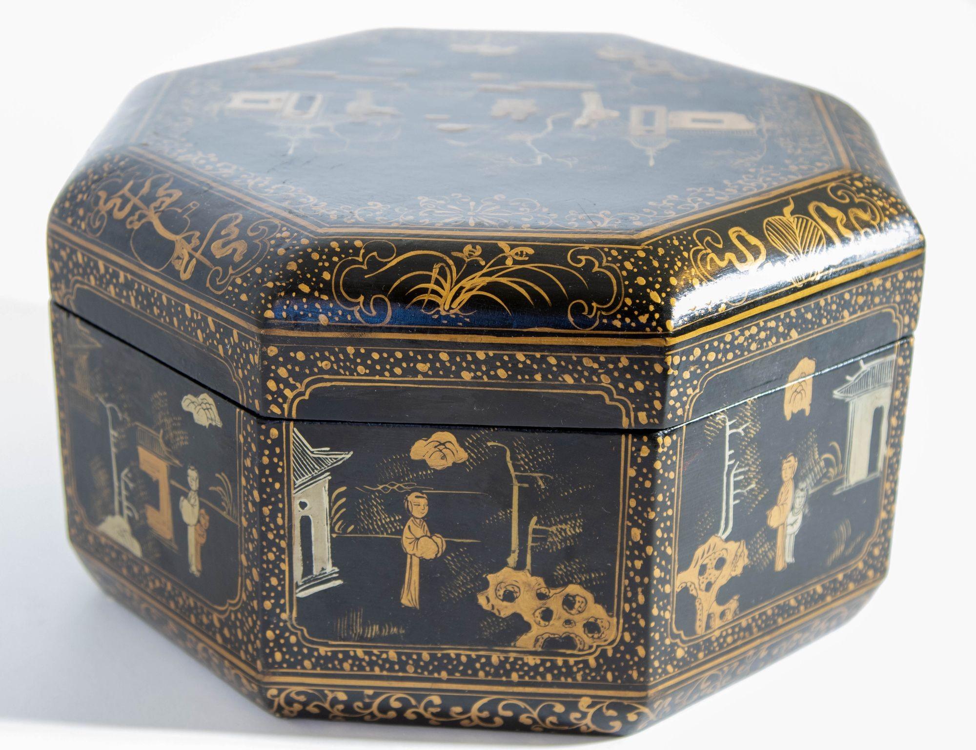 20th Century Large Chinese Octagonal Black Lacquered Gilt Painted Covered Box 1950s For Sale