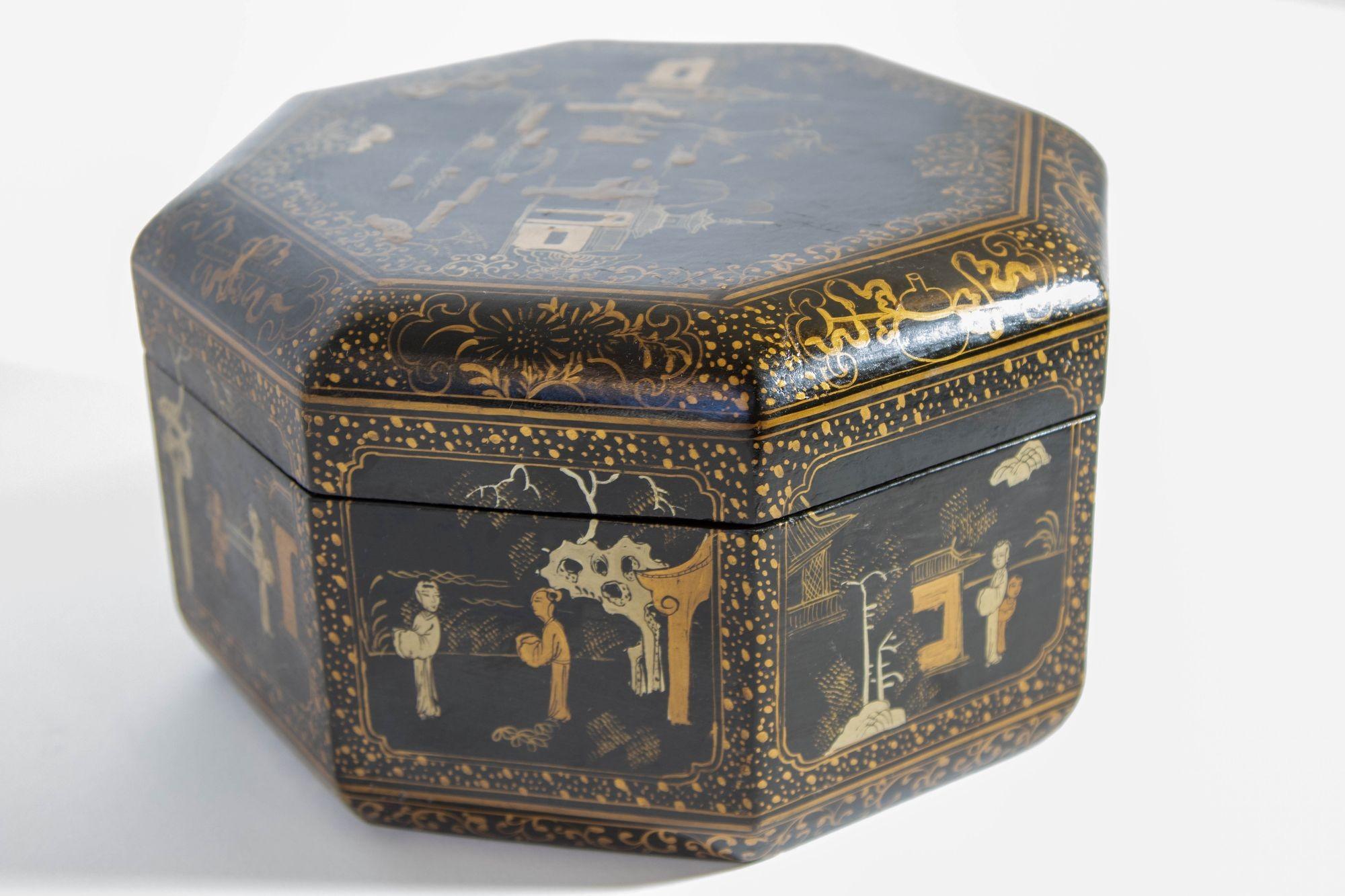 Wood Large Chinese Octagonal Black Lacquered Gilt Painted Covered Box 1950s For Sale