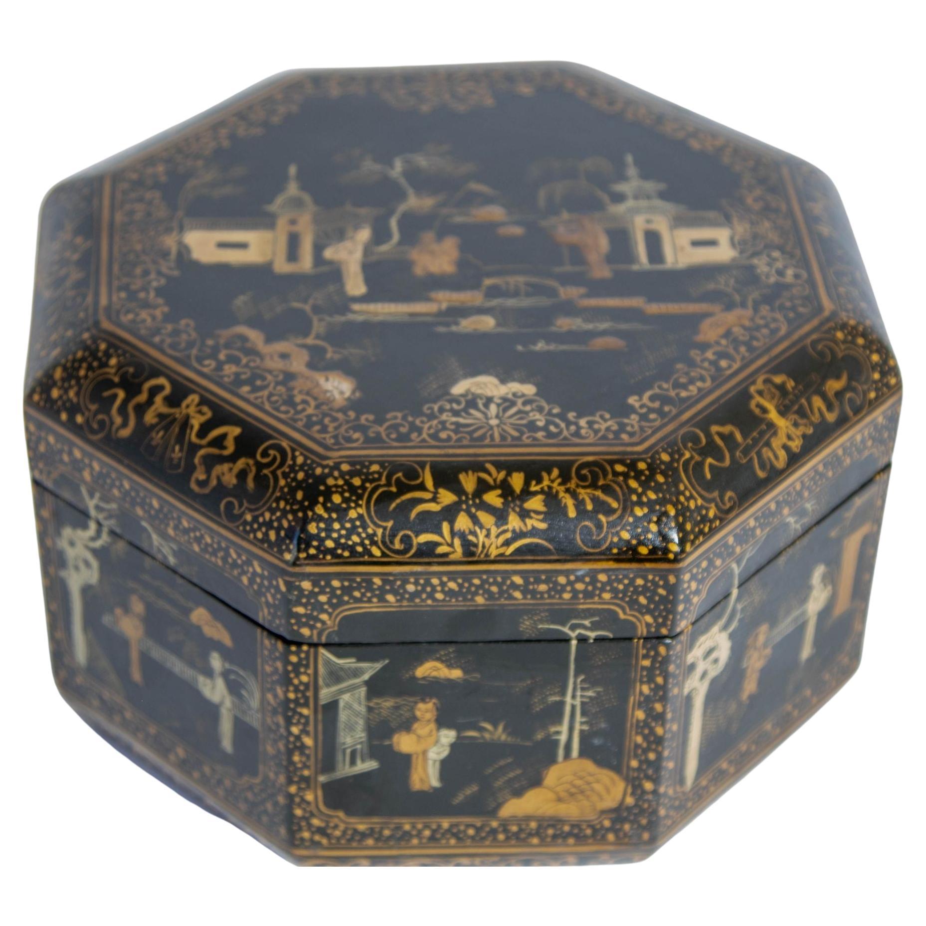 Large Chinese Octagonal Black Lacquered Gilt Painted Covered Box 1950s For Sale