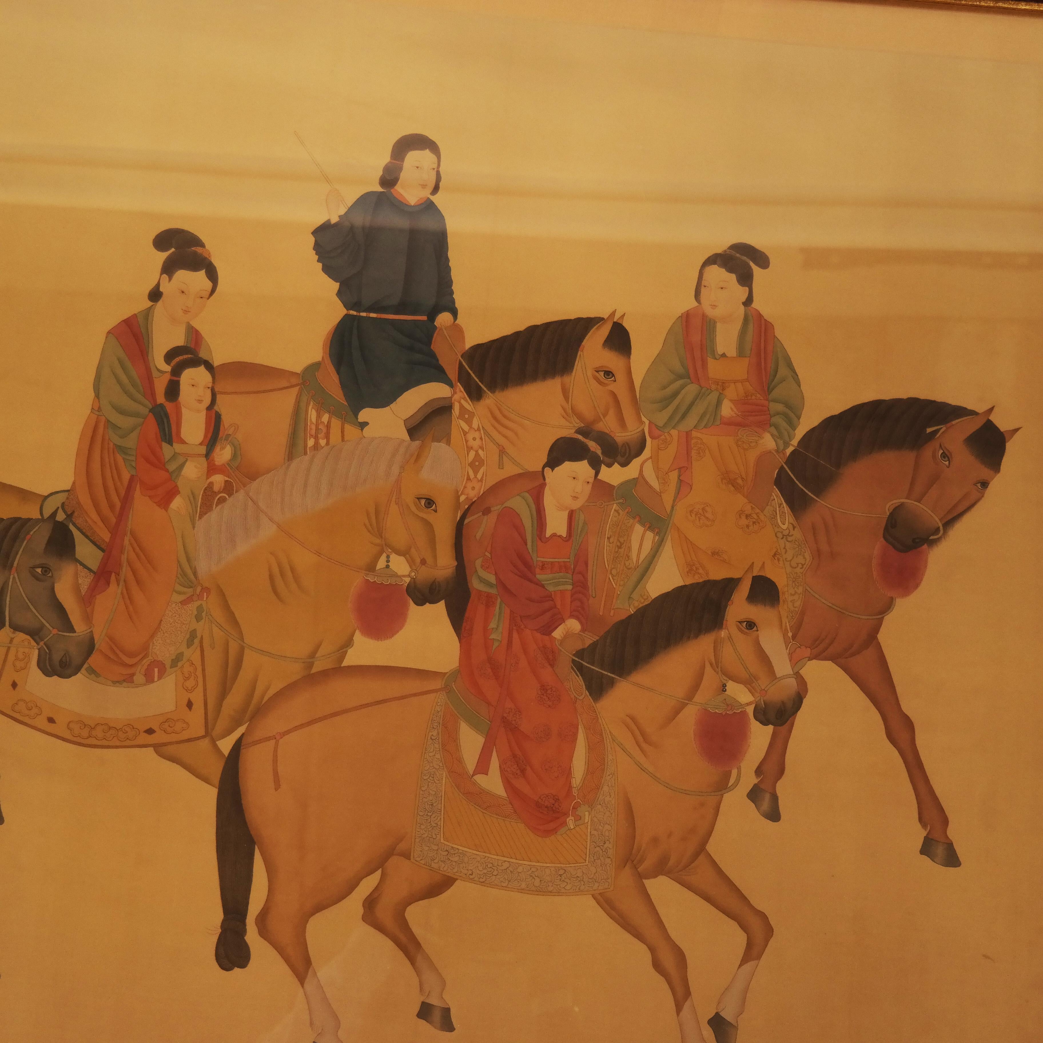 Large framed Chinese silk painting depicting women riding on horses.