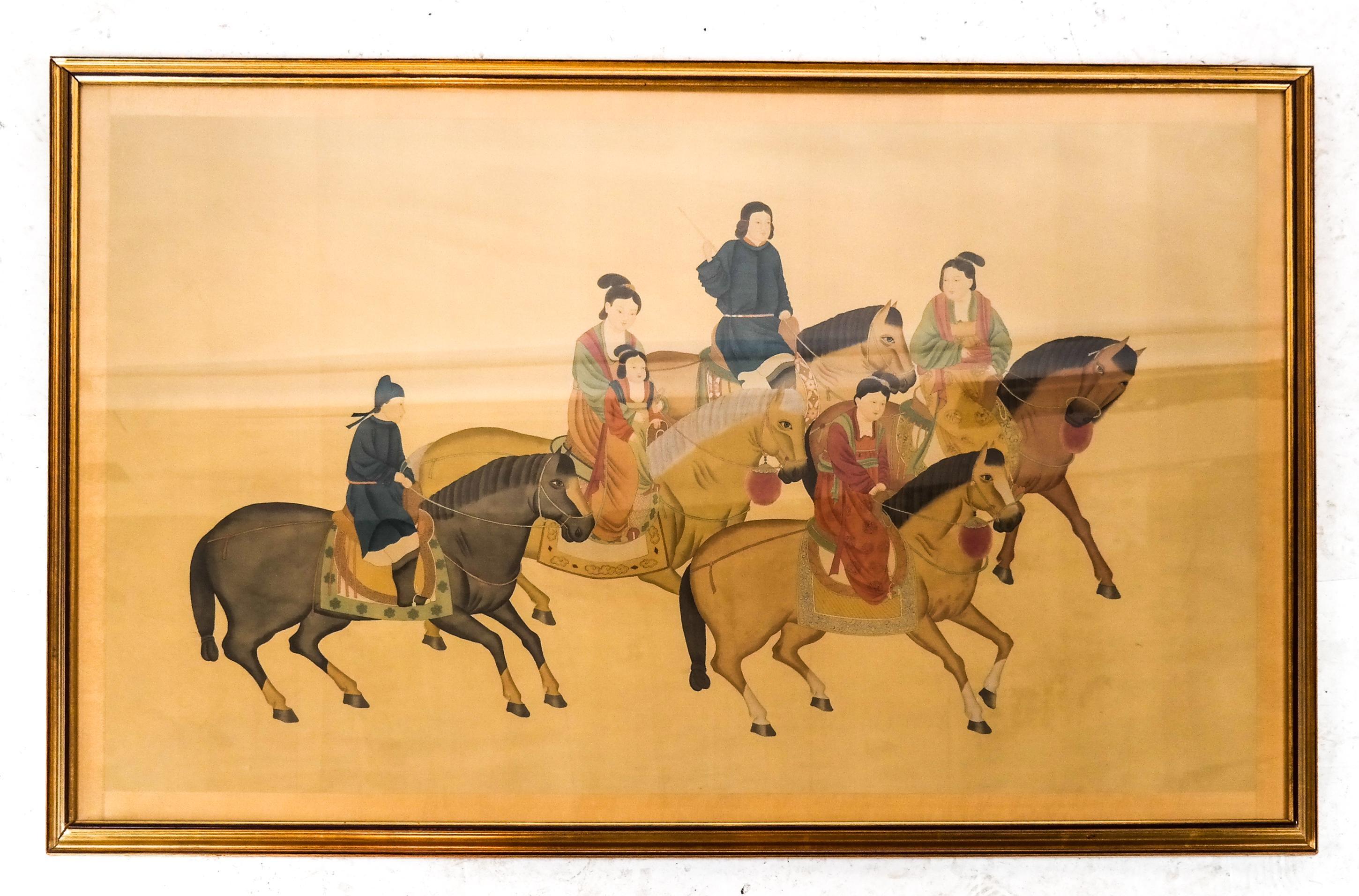 20th Century Large Chinese Paint on Silk of Women on Horseback