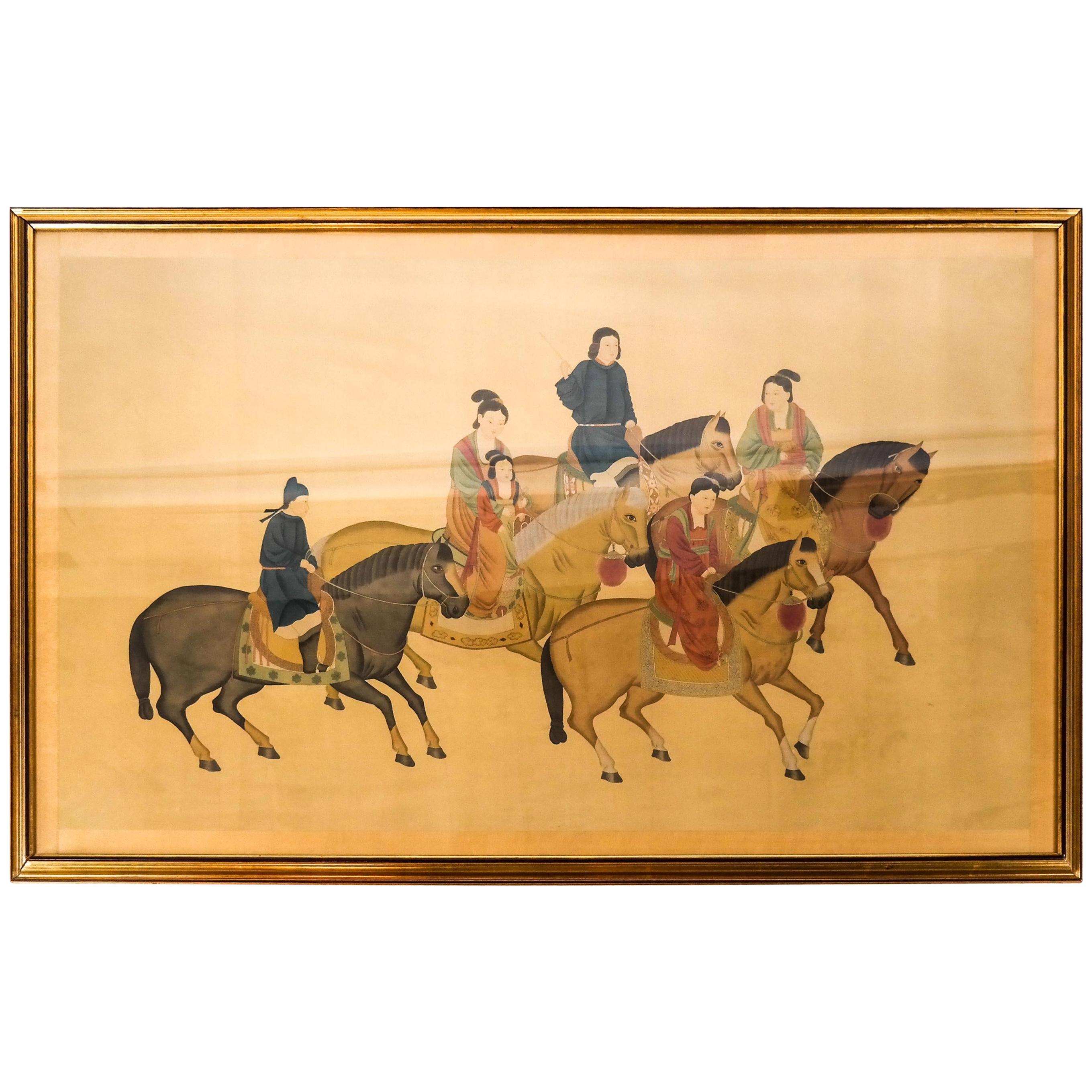 Large Chinese Paint on Silk of Women on Horseback