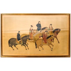 Vintage Large Chinese Paint on Silk of Women on Horseback