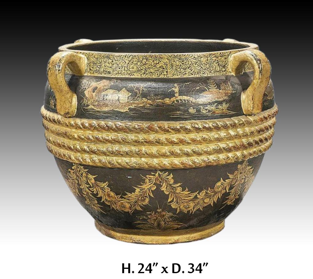 Large painted porcelain jardiniere; gilt painted banded rope design with flowers, birds and landscapes; 24