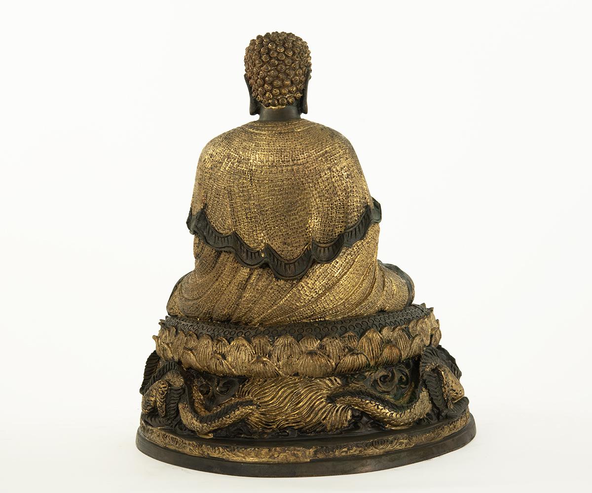 Chinese Export Large Chinese Parcel-Gilt Buddha Resting Upon Lotus Flower and Dragons For Sale