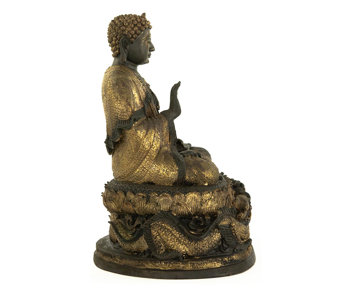 Large Chinese Parcel-Gilt Buddha Resting Upon Lotus Flower and Dragons In Good Condition For Sale In Laguna Beach, CA