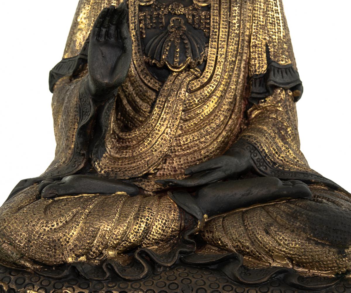 Bronze Large Chinese Parcel-Gilt Buddha Resting Upon Lotus Flower and Dragons For Sale