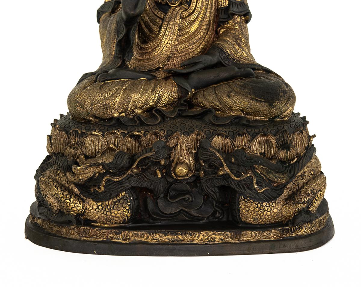 Large Chinese Parcel-Gilt Buddha Resting Upon Lotus Flower and Dragons For Sale 1
