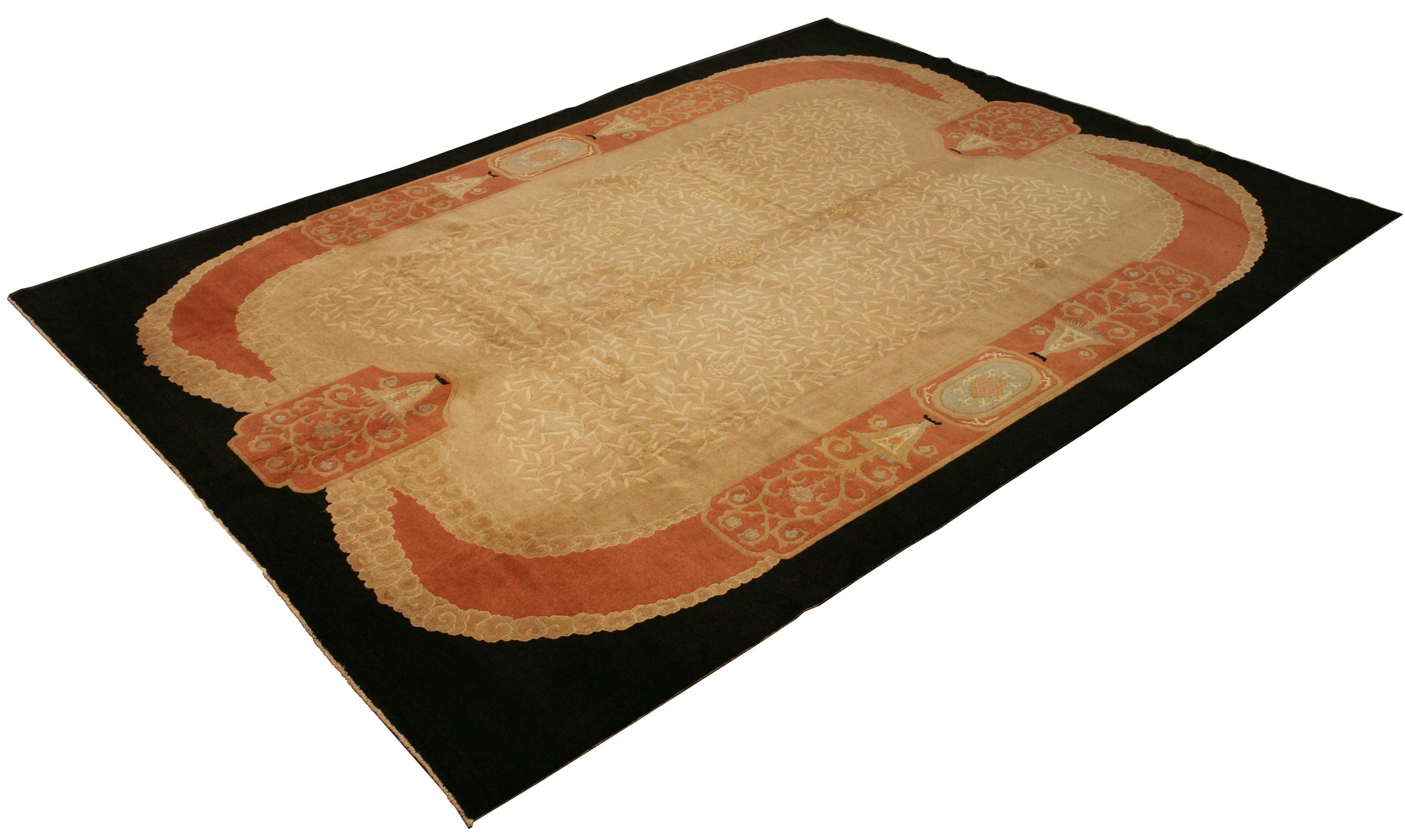 This is a unique Chinese Peking rug woven in eastern China during the first quarter of the 20th century circa the 1920s and measures 425 x 300 CM in size. This rug has a unique and bold art deco design which consists of interlocking leaves and