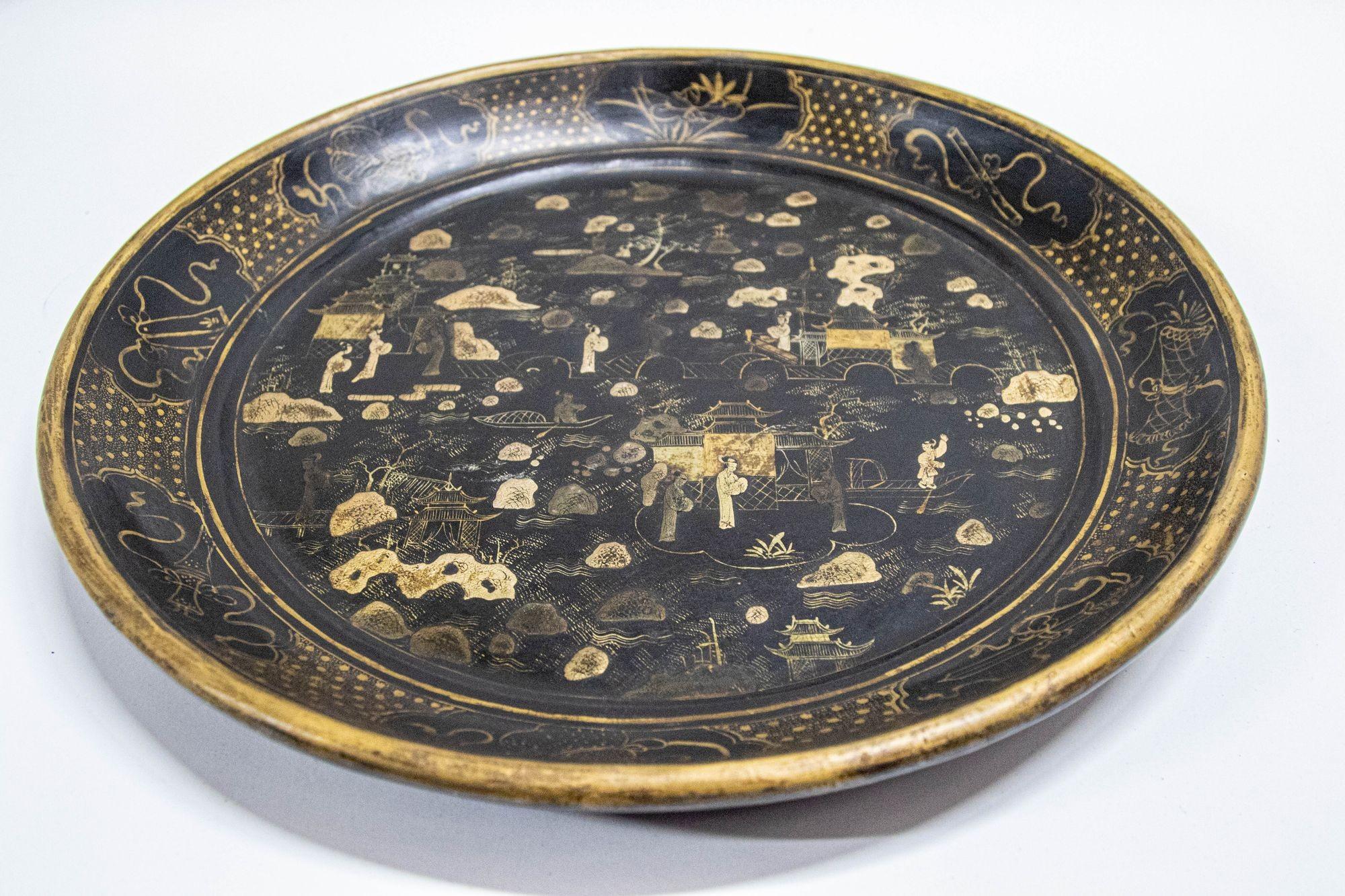 Grande piatto cinese in laccato nero dorato dipinto a mano anni '40 in vendita 5