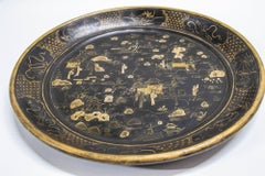 Large Chinese Platter in Black Lacquered Gilt Hand Painted 1940s