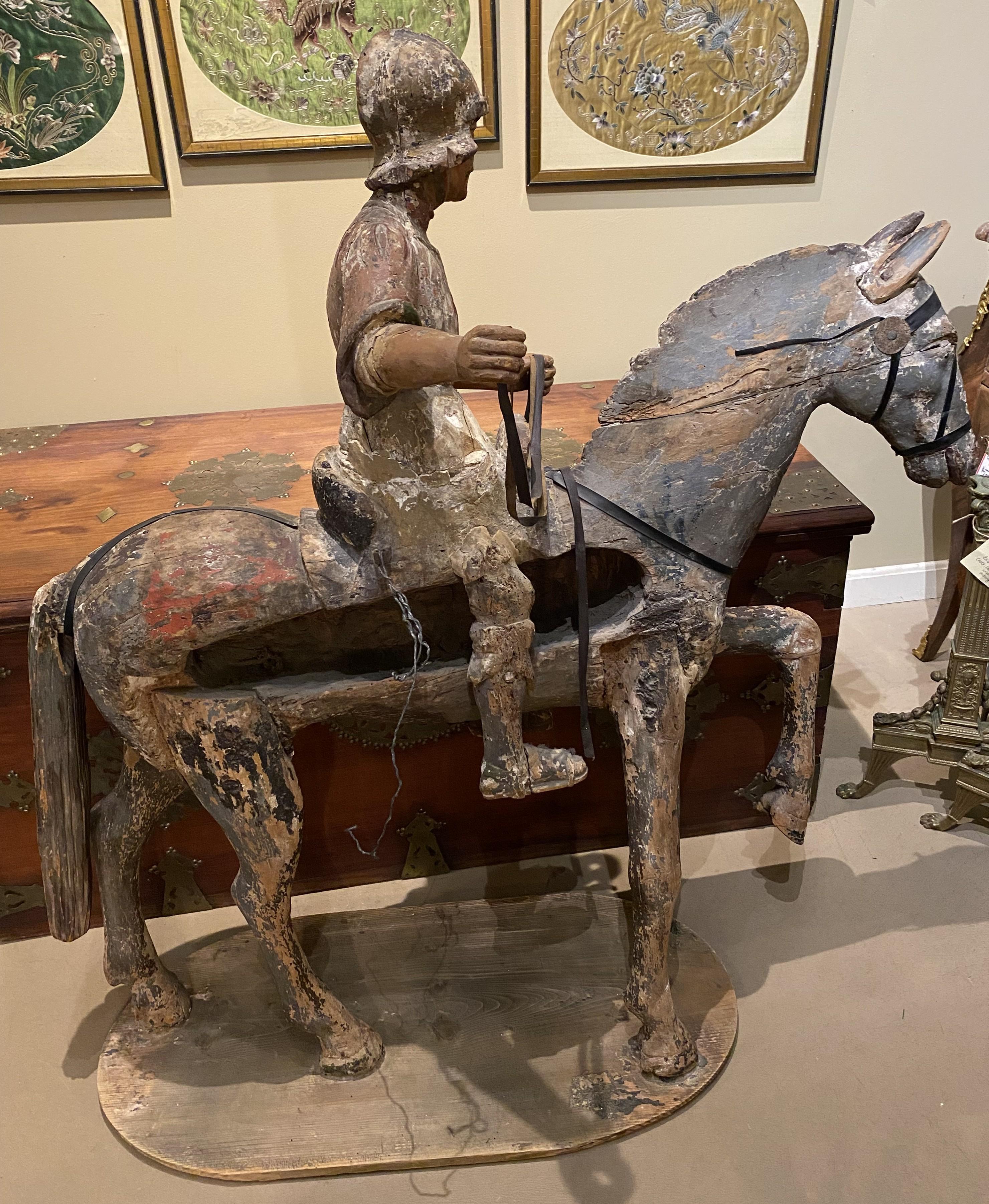 Large Chinese Polychrome Carved Wooden Warrior on Horseback, Probably 18th c For Sale 4