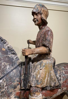 Large Chinese Polychrome Carved Wooden Warrior on Horseback, Probably 18th c