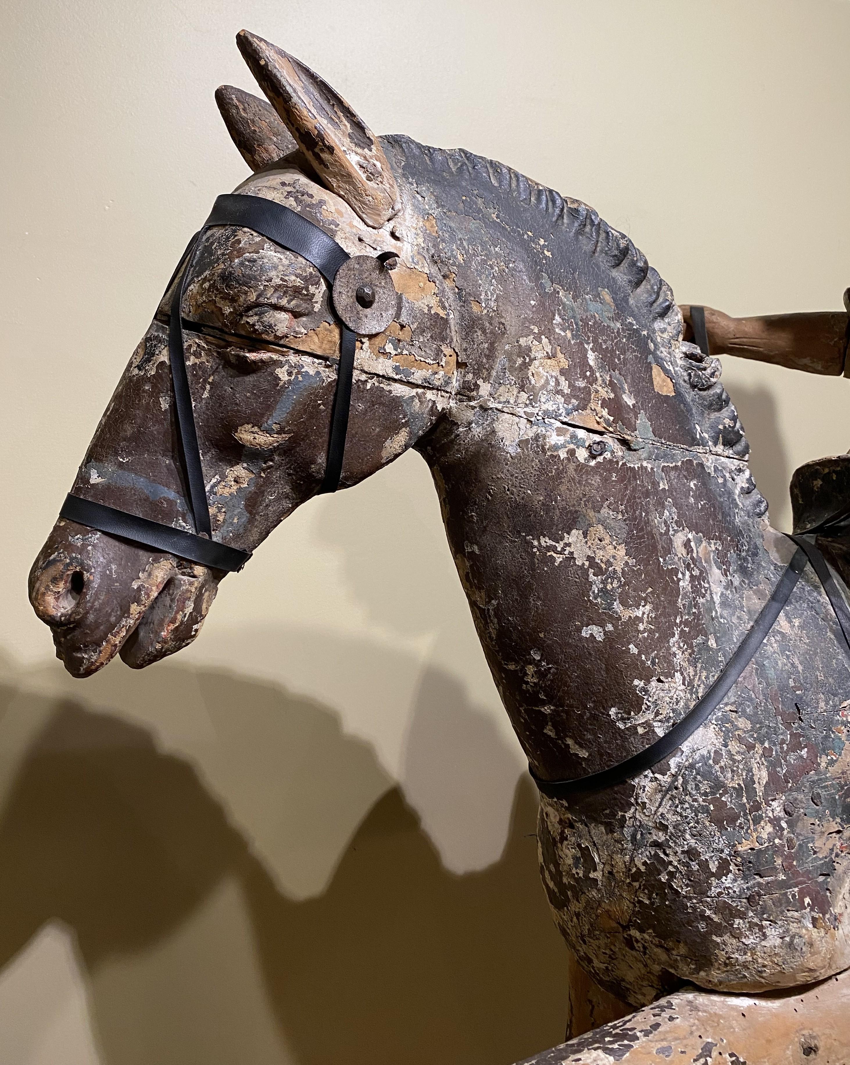 Hand-Carved Large Chinese Polychrome Carved Wooden Warrior on Horseback, Probably 18th c For Sale