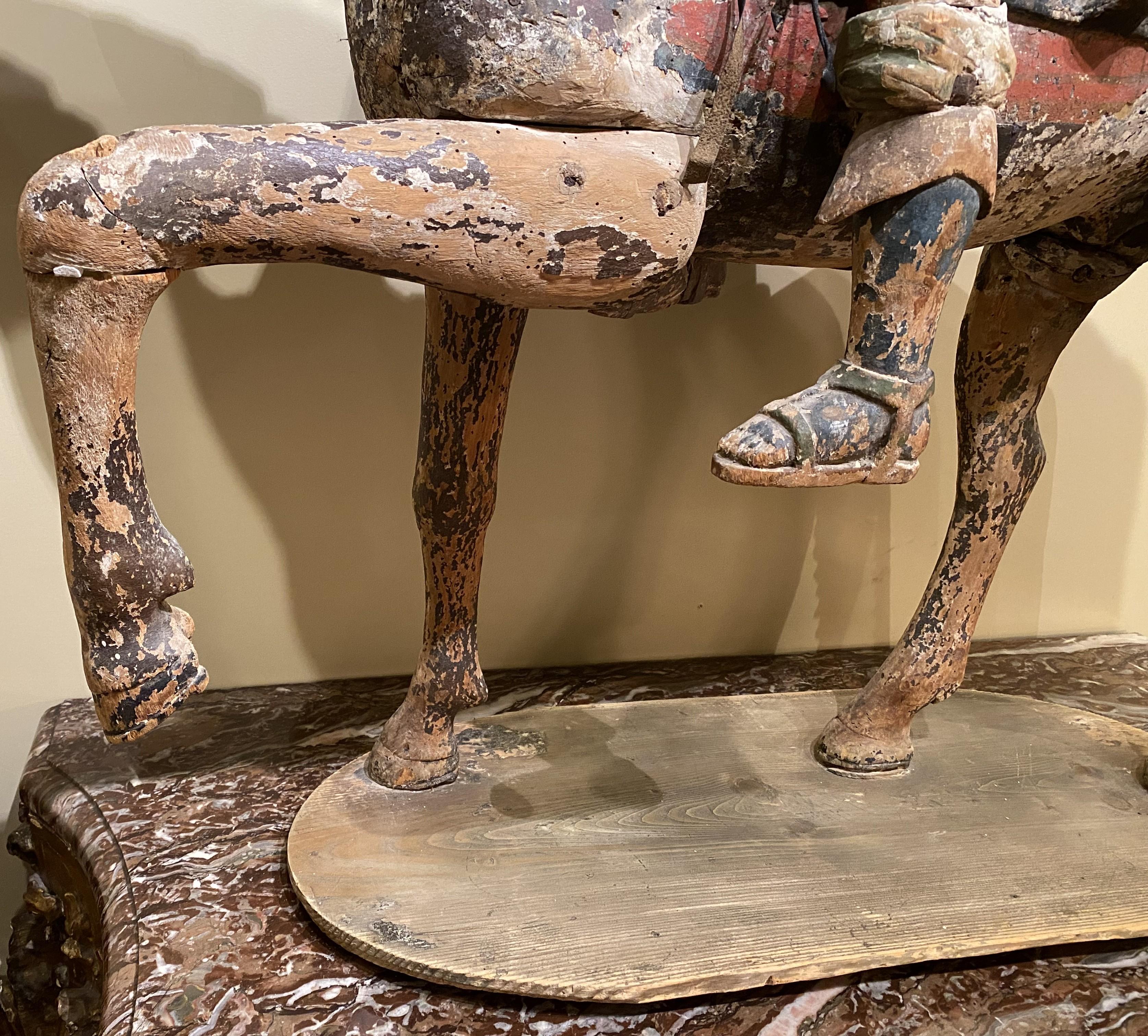 Large Chinese Polychrome Carved Wooden Warrior on Horseback, Probably 18th c In Good Condition For Sale In Milford, NH