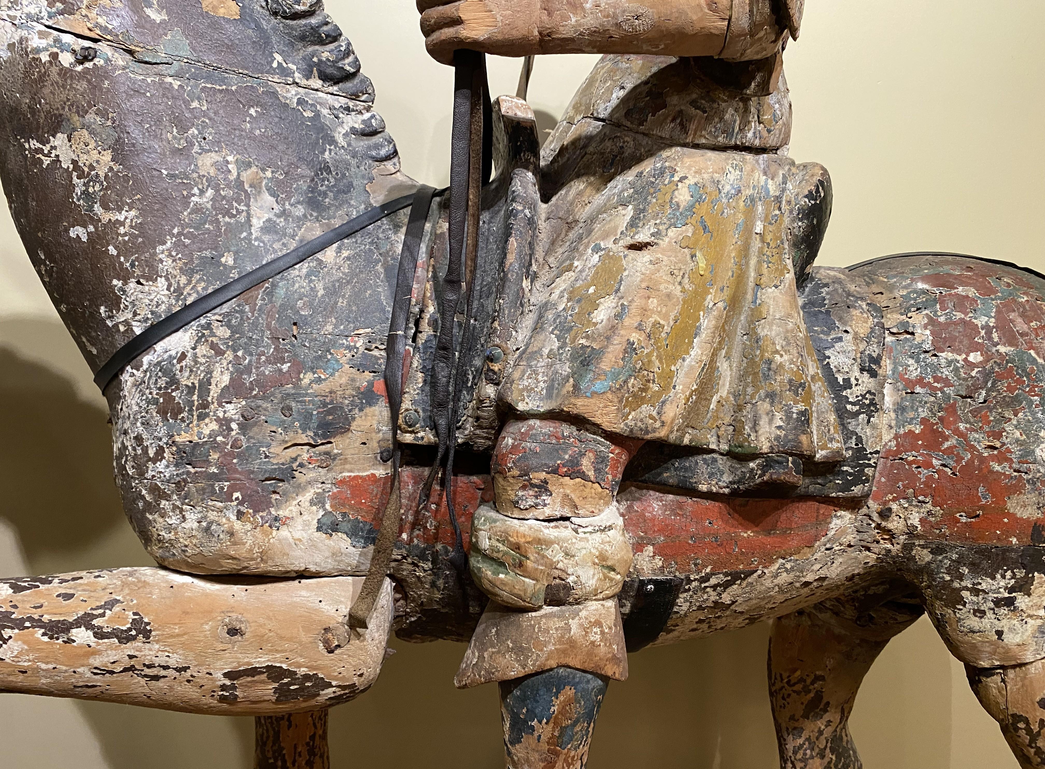 18th Century and Earlier Large Chinese Polychrome Carved Wooden Warrior on Horseback, Probably 18th c For Sale
