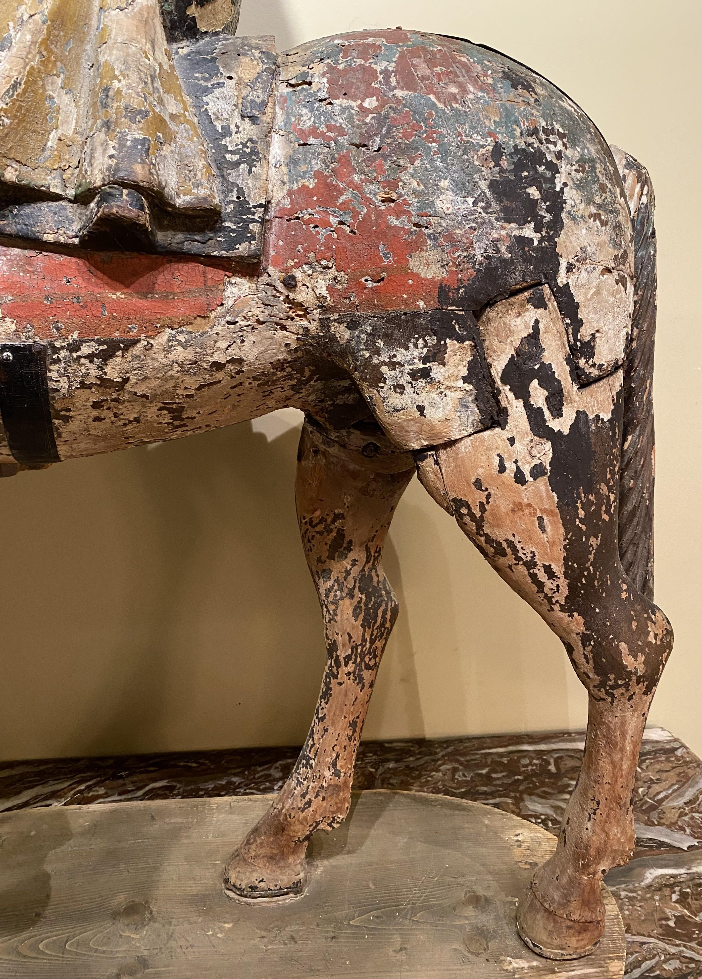 Leather Large Chinese Polychrome Carved Wooden Warrior on Horseback, Probably 18th c For Sale