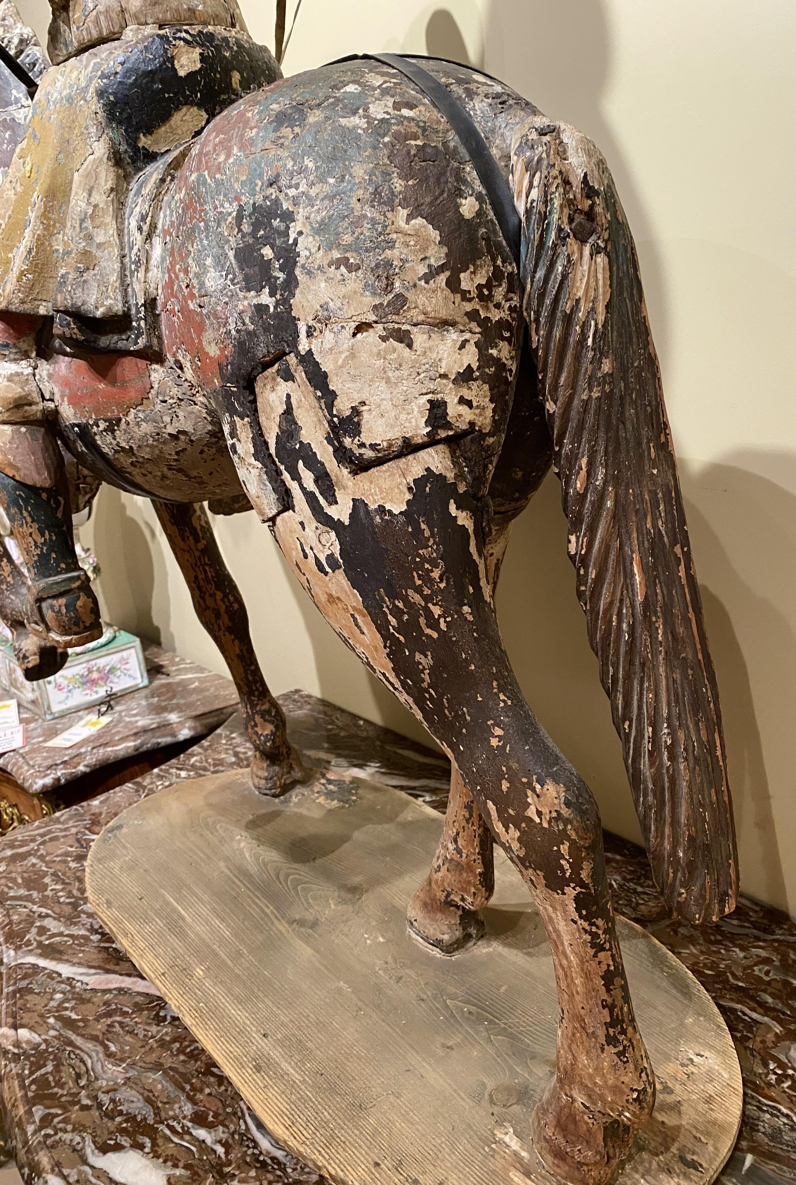 Large Chinese Polychrome Carved Wooden Warrior on Horseback, Probably 18th c For Sale 1