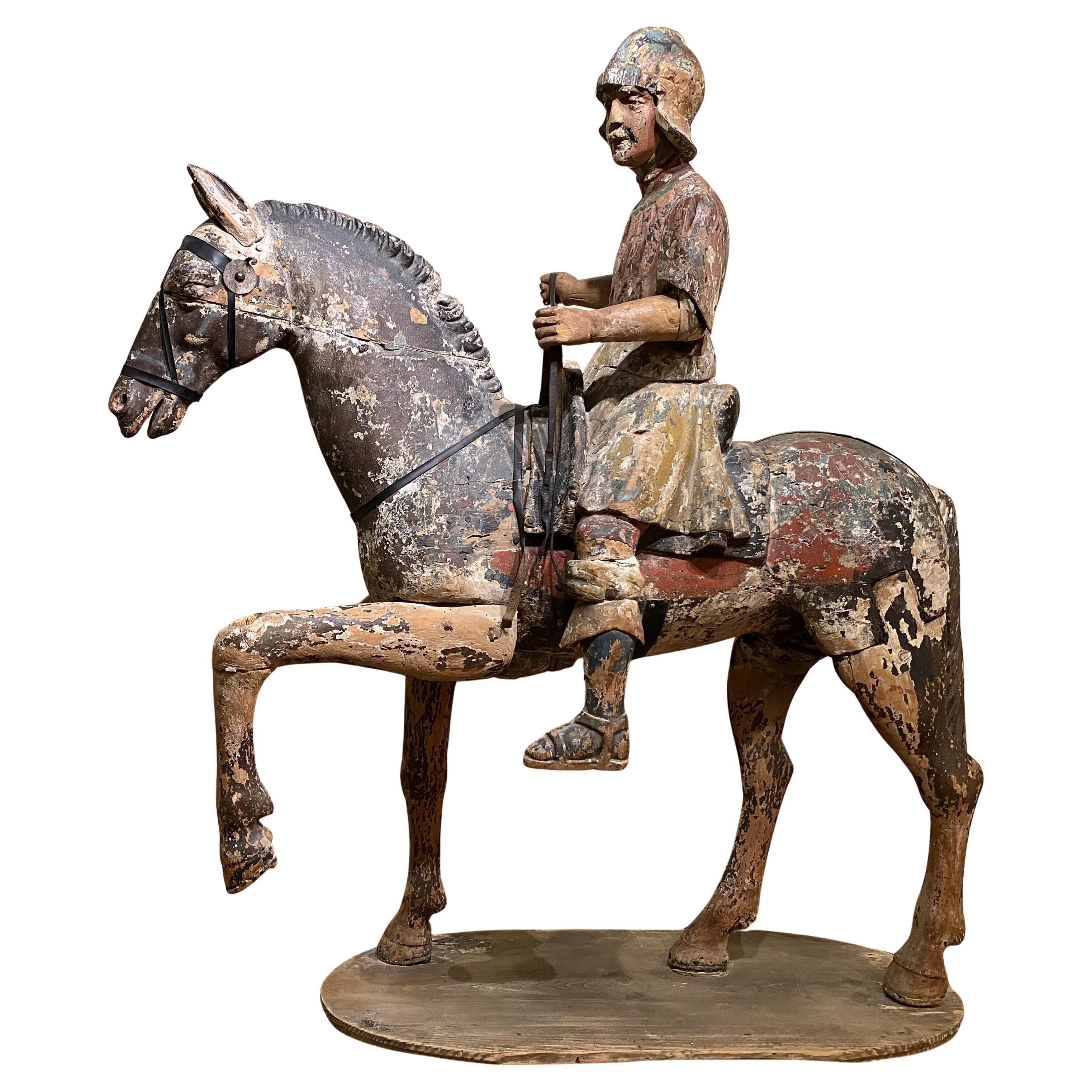 Large Chinese Polychrome Carved Wooden Warrior on Horseback, Probably 18th c For Sale