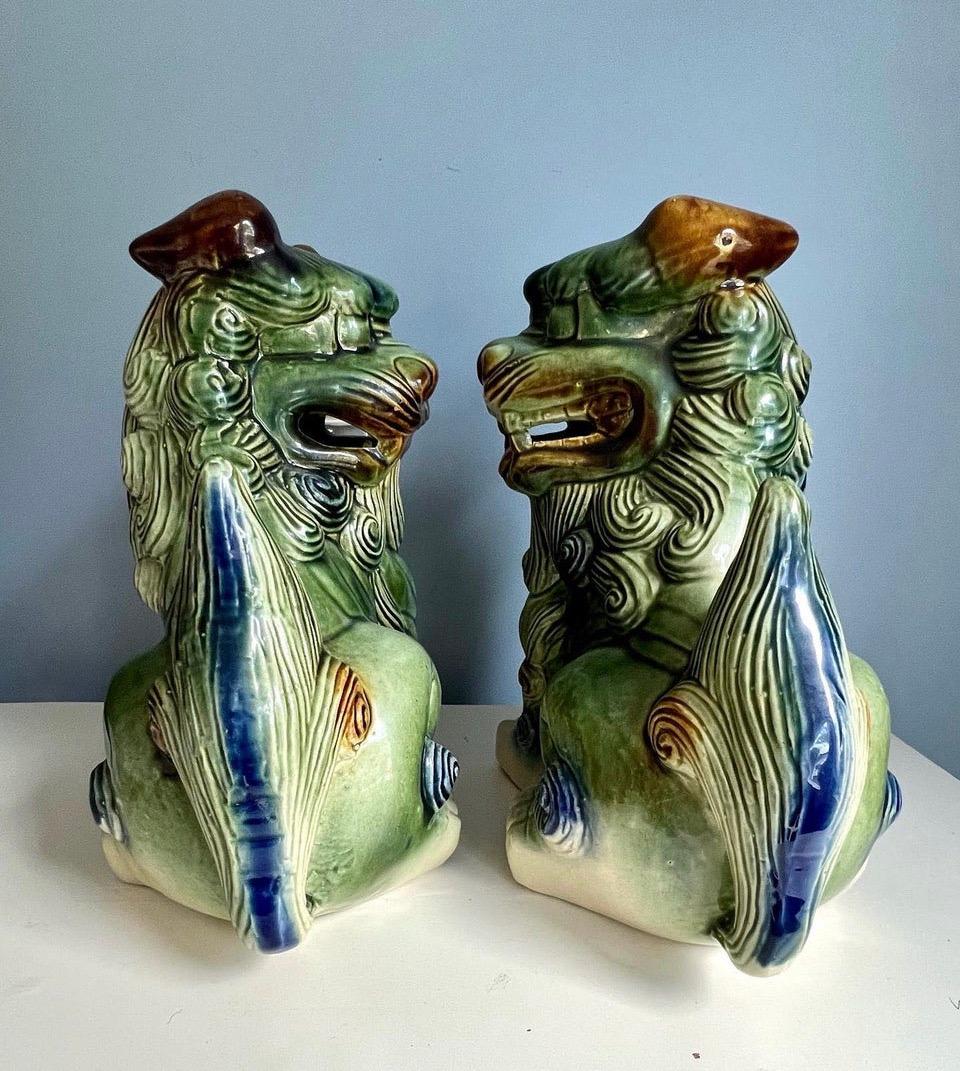 Mid-Century Modern Large Chinese Polychrome Ceramic Glaze Foo Dogs - a Pair