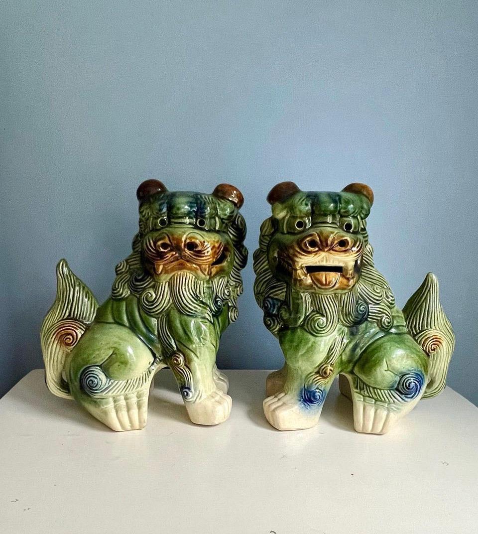 Large Chinese Polychrome Ceramic Glaze Foo Dogs - a Pair 1
