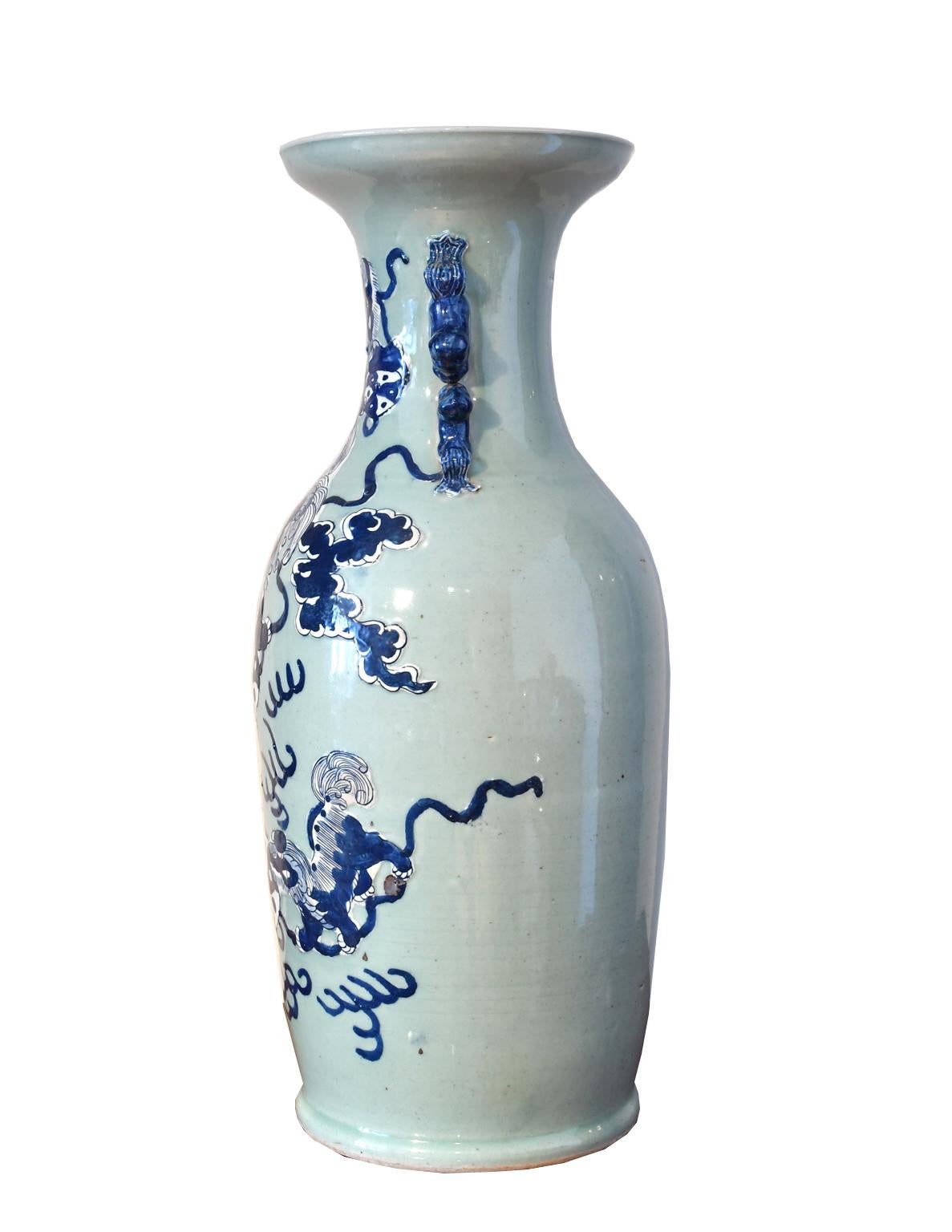 19th Century Large Chinese Qing Porcelain Blue & White Vase w/ Foo Dogs Playing w taichi ball