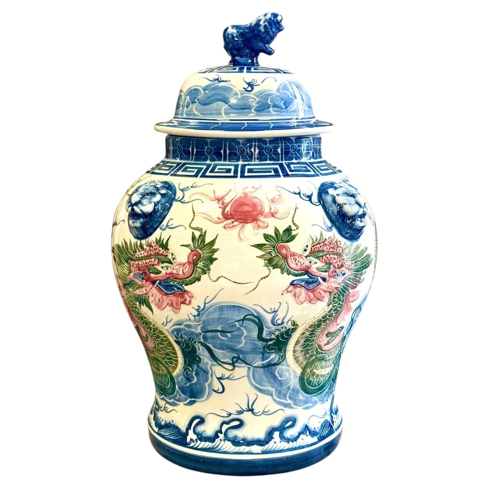 Large Chinese Porcelain Dragon Temple Jar with Cover, Early 20th Century