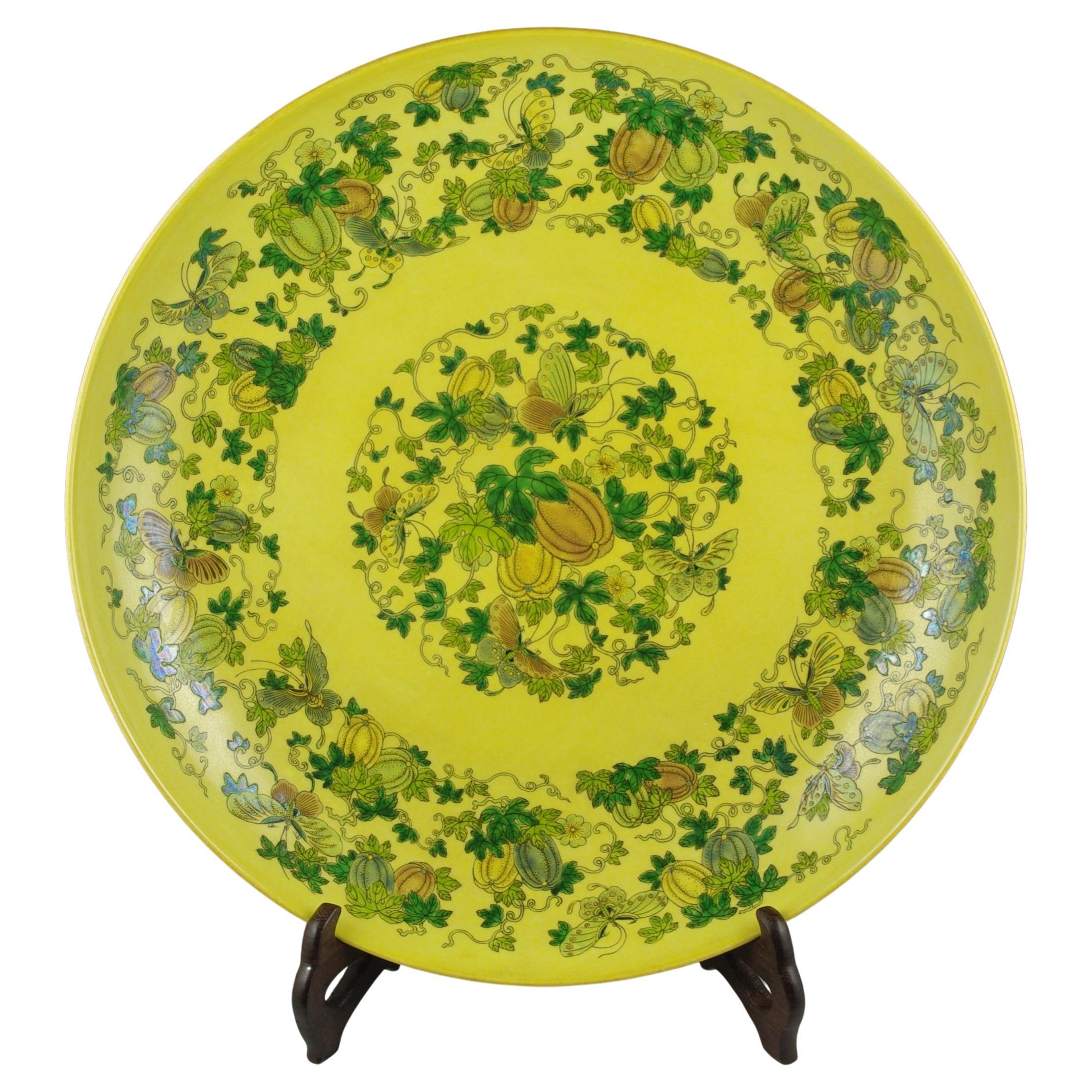 Large Chinese Porcelain Famille Jeune Sancai Melons Yellow Charger Modern 20c For Sale