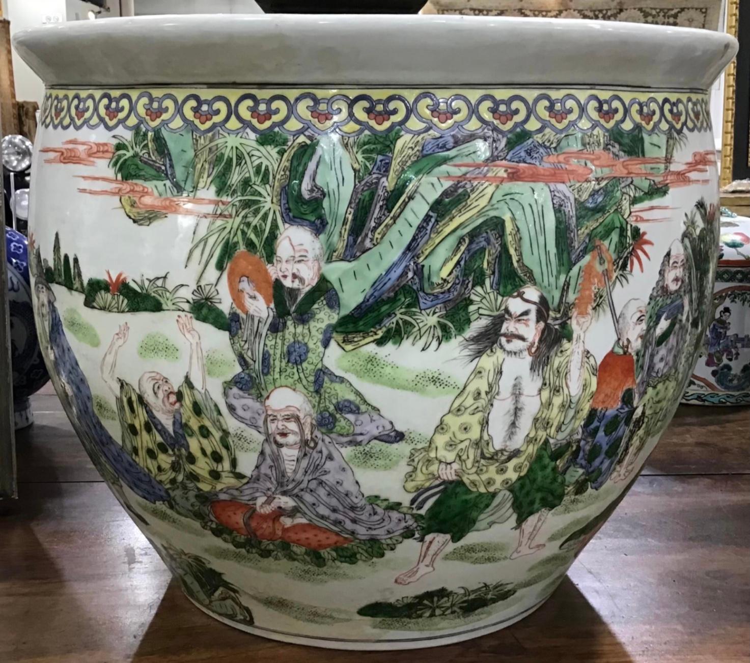 Large Chinese Porcelain Famille Verte Fish Bowl Planter In Good Condition For Sale In Bradenton, FL