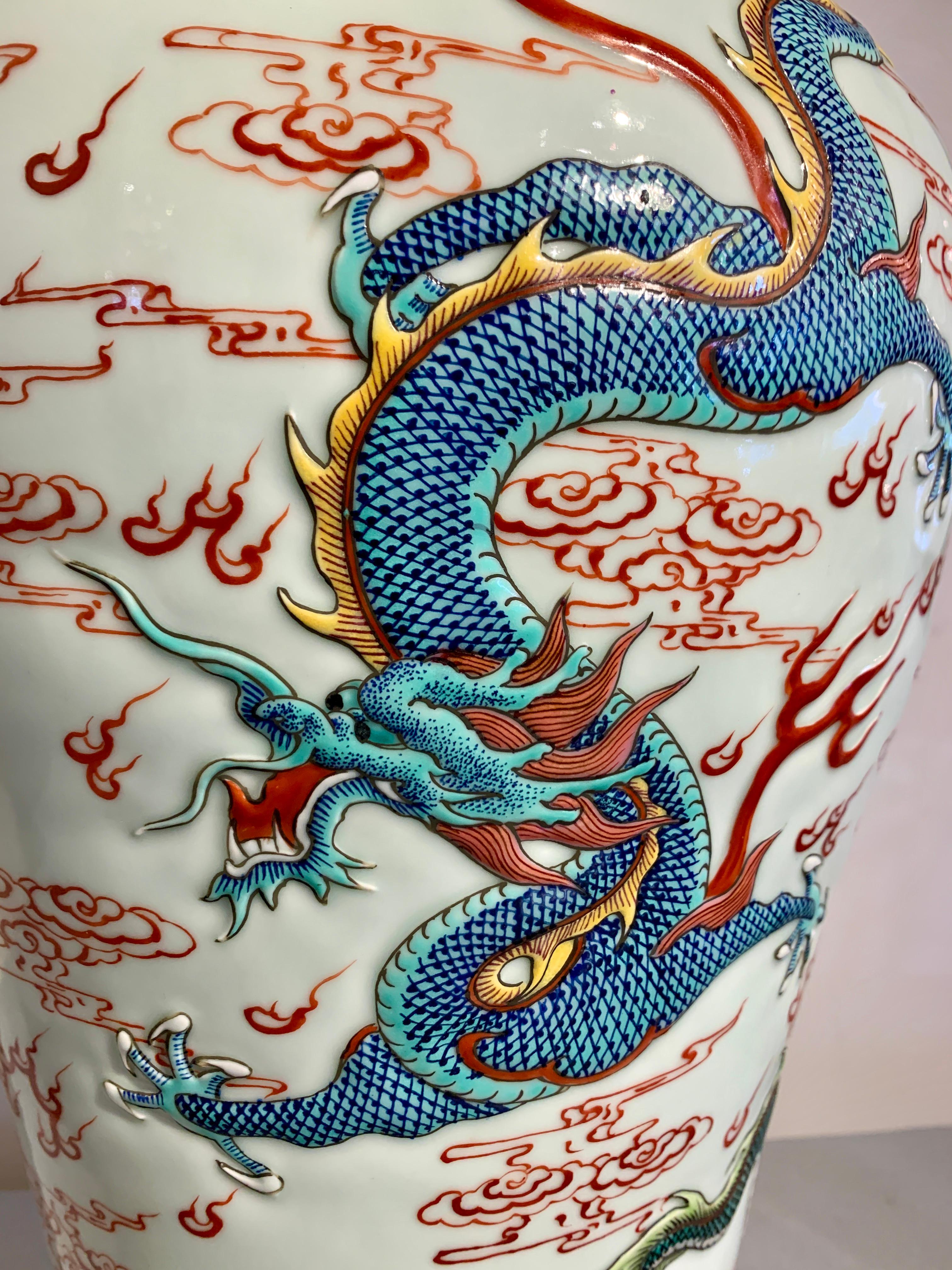 Qing Large Chinese Porcelain Five Dragon Meiping Vase, Modern, China For Sale