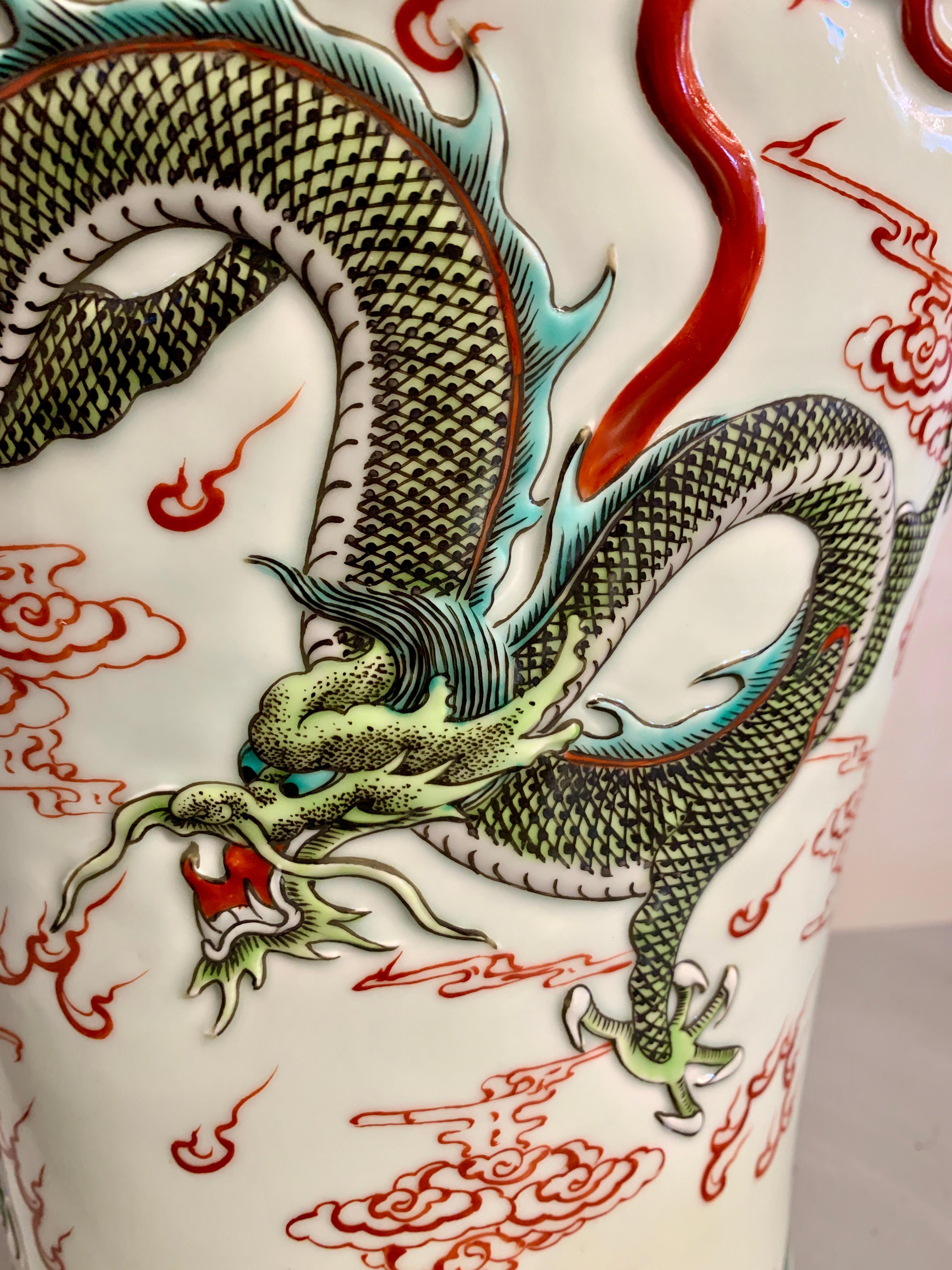Enameled Large Chinese Porcelain Five Dragon Meiping Vase, Modern, China For Sale