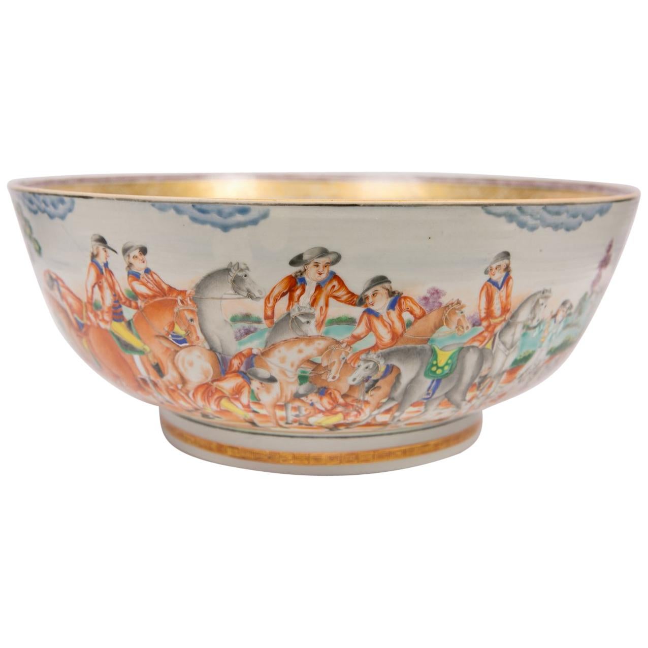 Large Antique 18th century Chinese Porcelain Hunt Bowl Made circa 1770