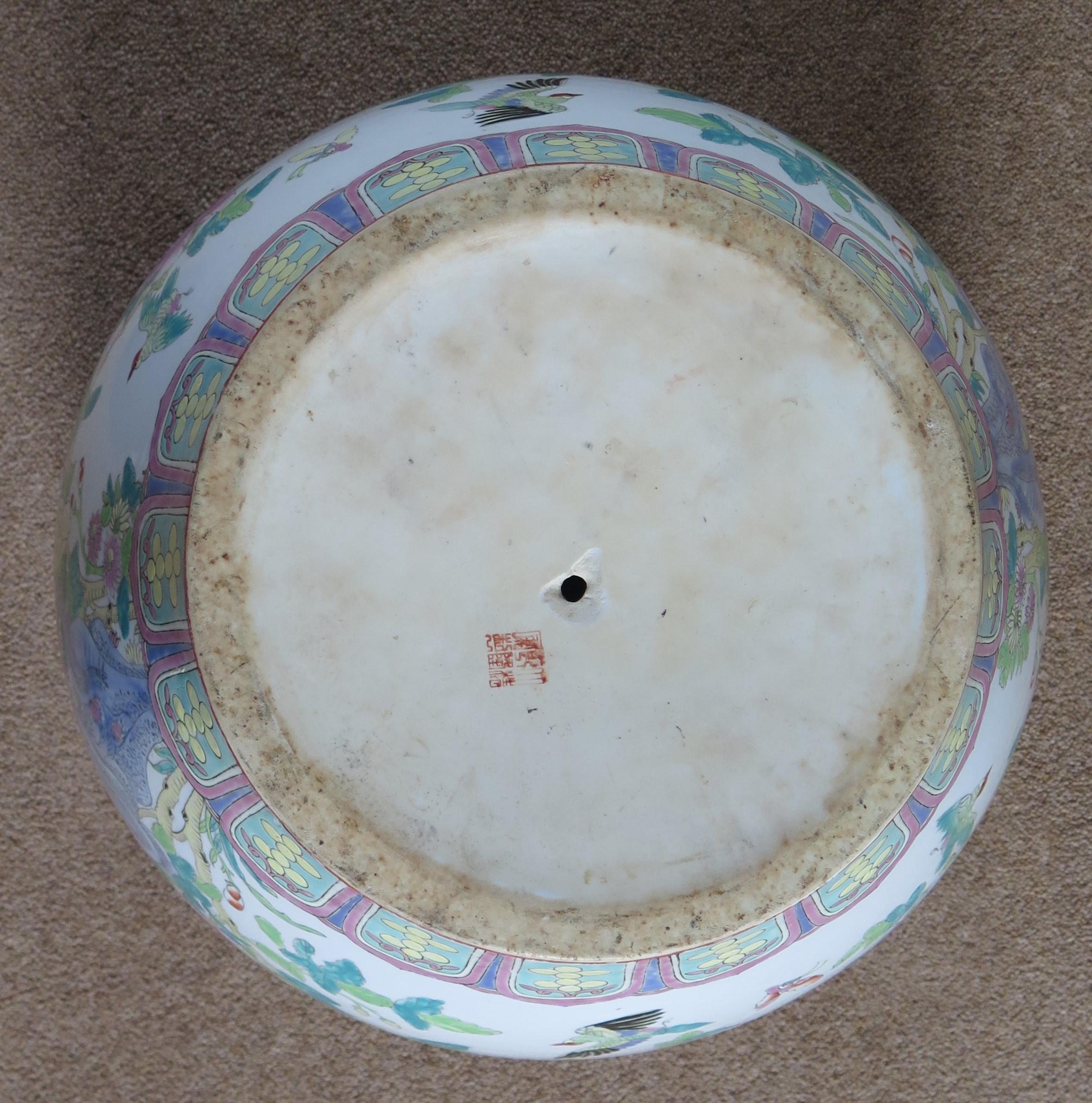 Large Chinese Porcelain Jardiniere or Fish Bowl Hand Painted, Mid-20th Century 12