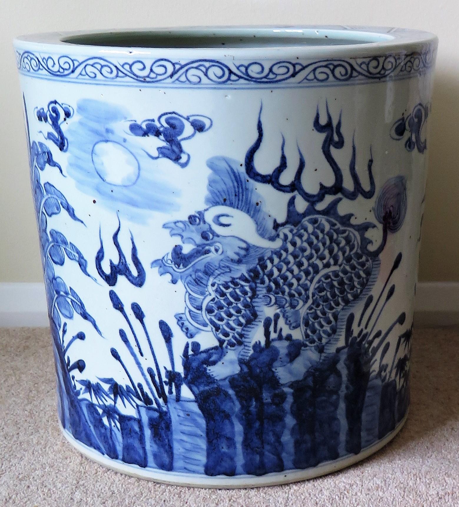 large blue and white planter