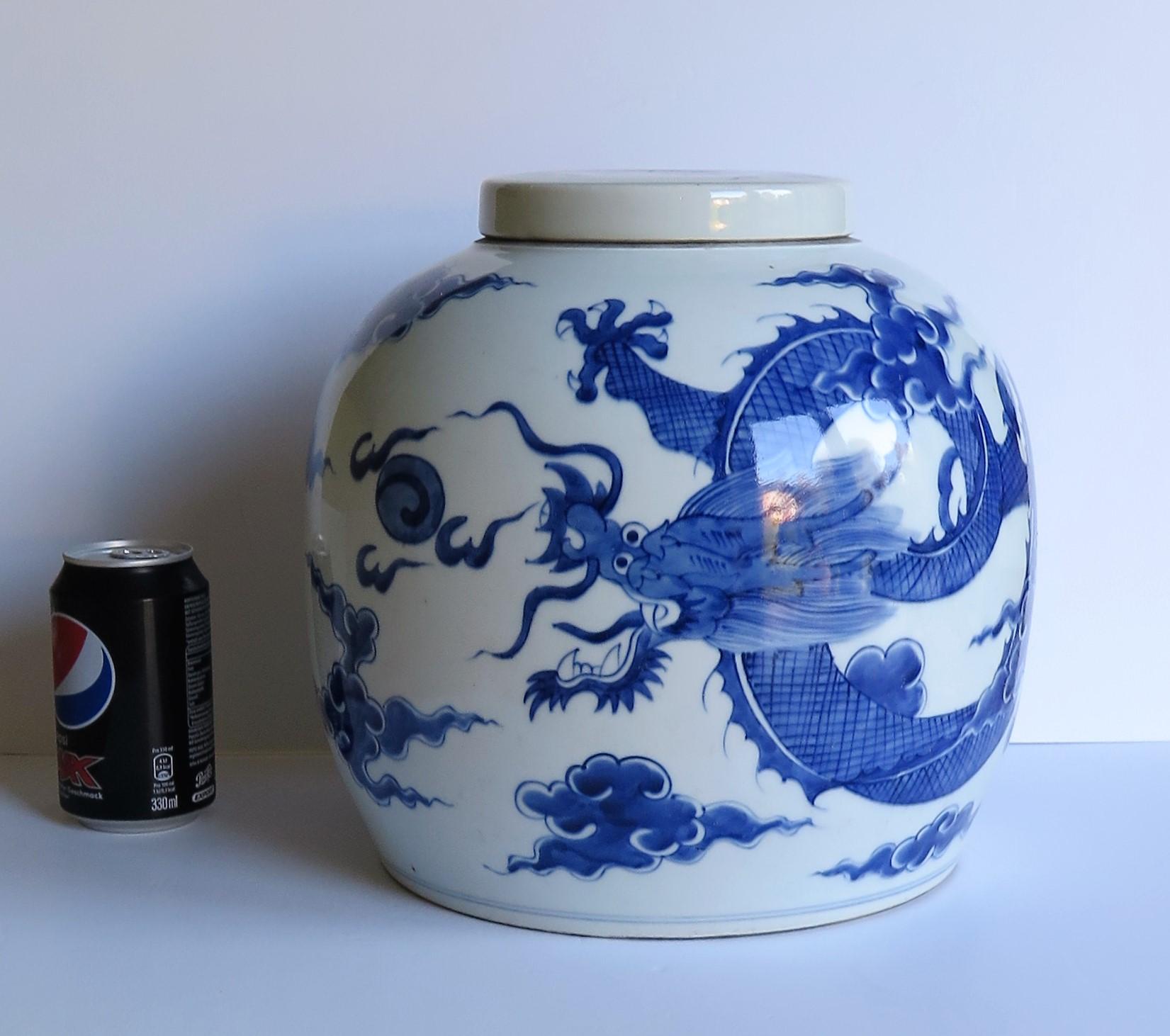 Large Chinese Porcelain Lidded Jar Hand Painted Blue and White, Double Circle 14