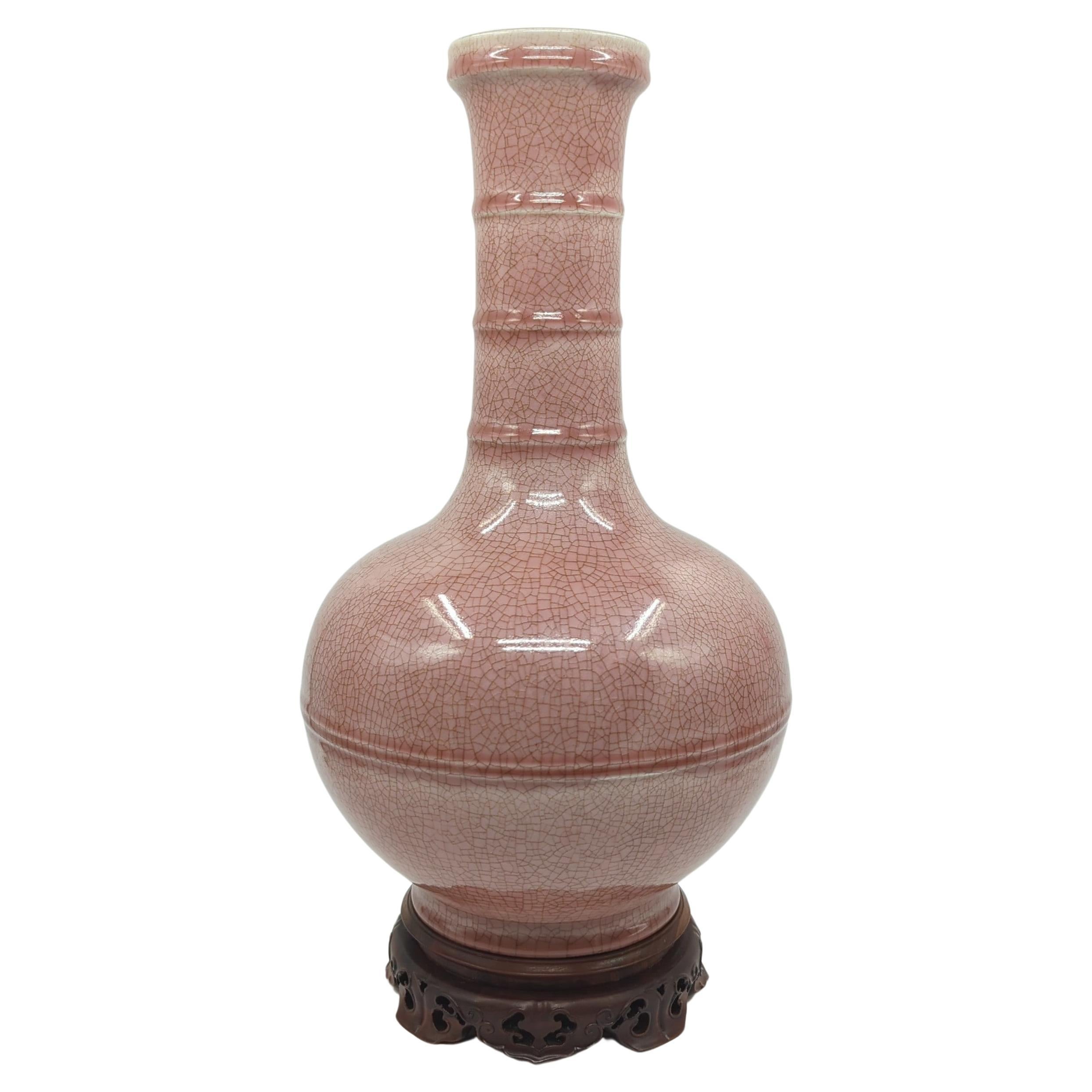 Large Chinese Porcelain Monochrome Peachbloom Crackle Glaze Vase Wood Stand 20c For Sale