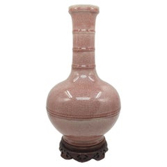 Large Chinese Porcelain Monochrome Peachbloom Crackle Glaze Vase Wood Stand 20c
