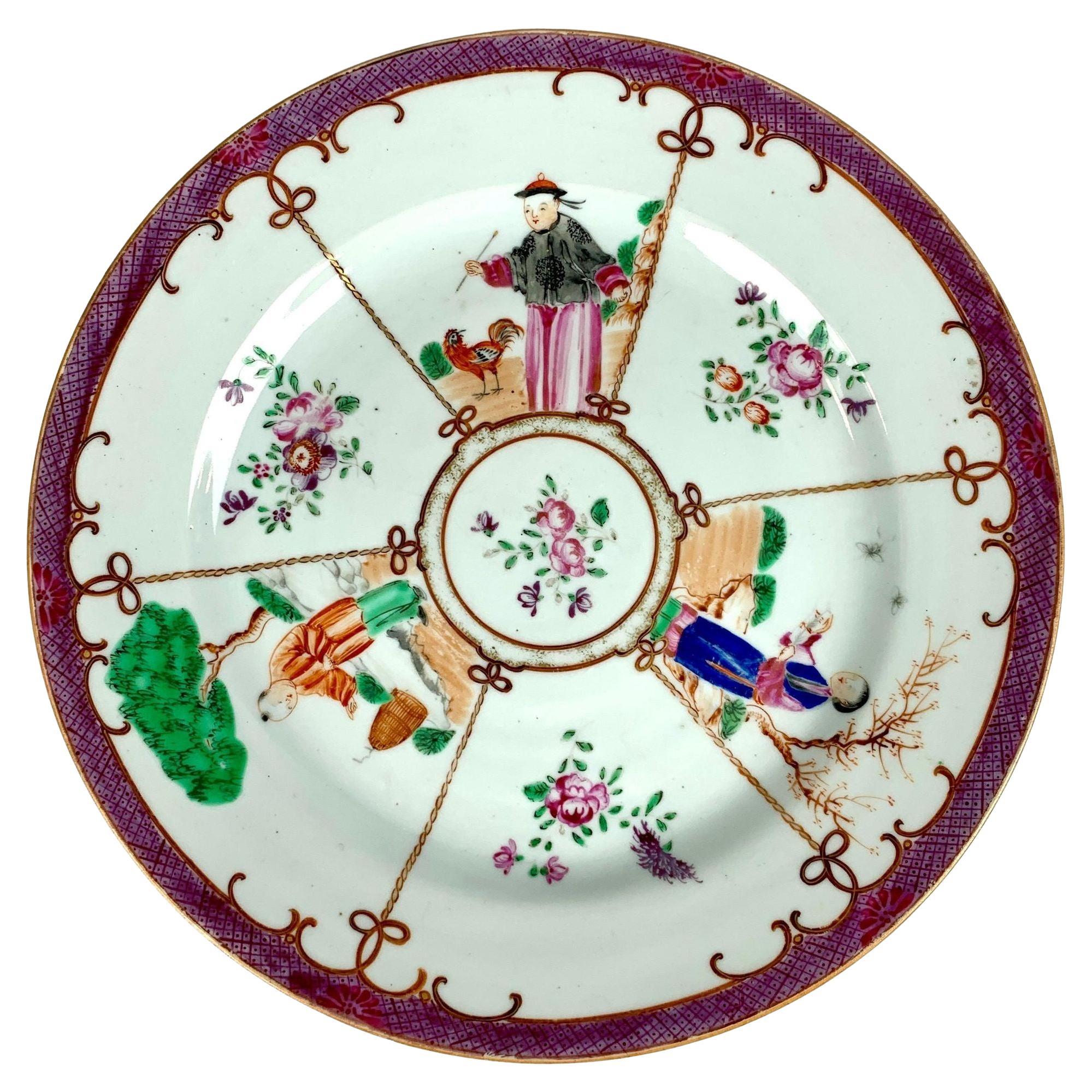 Large Chinese Porcelain Plate 18th Century Three Symbolic Scenes Qianlong C 1780 For Sale