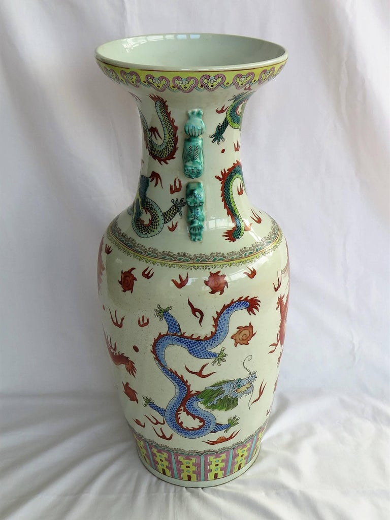 Large Chinese Porcelain Vase HandPainted Dragons Foo Dogs at Neck