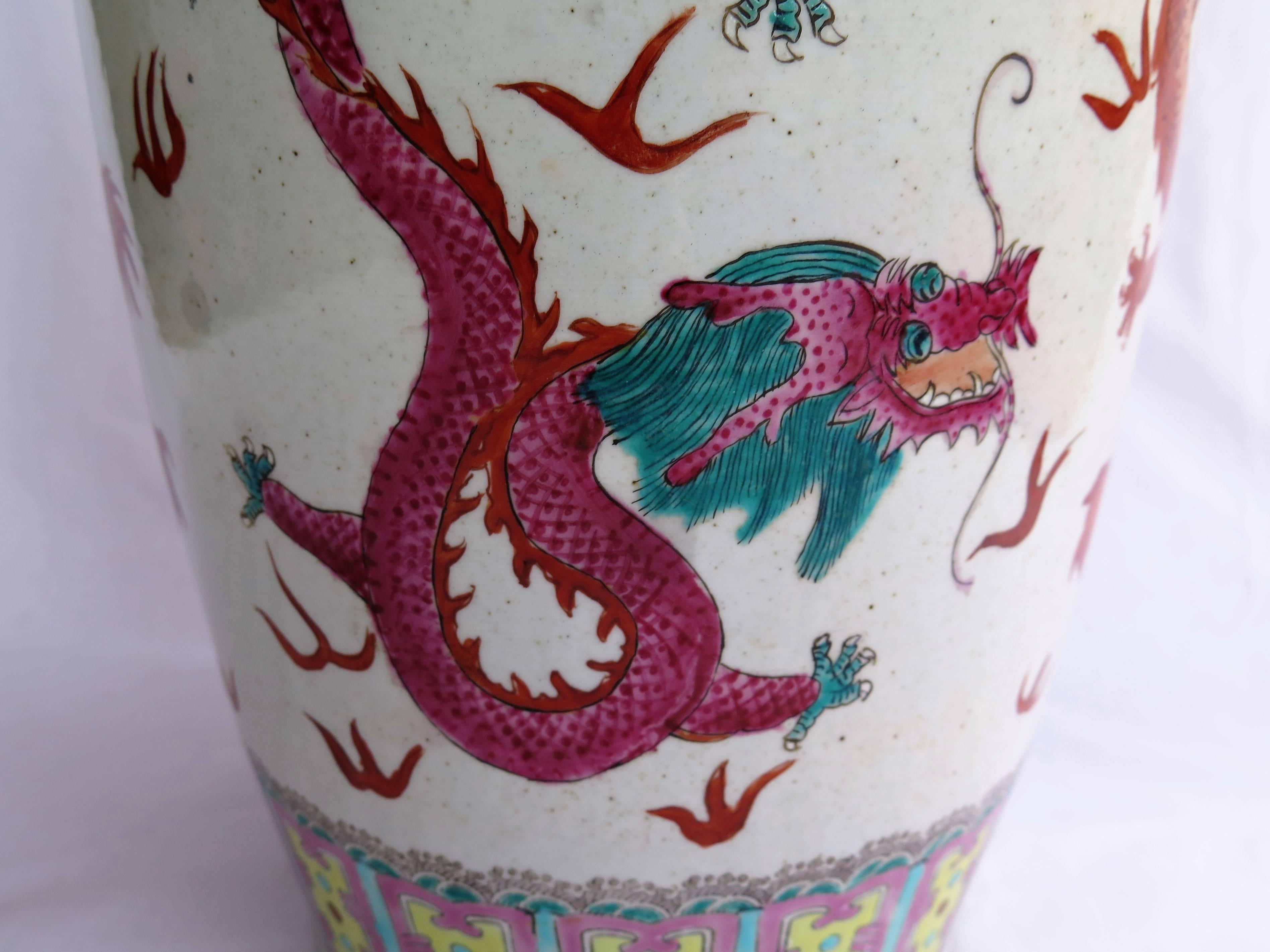 Qing Large Chinese Porcelain 23 inch Floor Vase Hand-Painted Dragons, Circa 1920