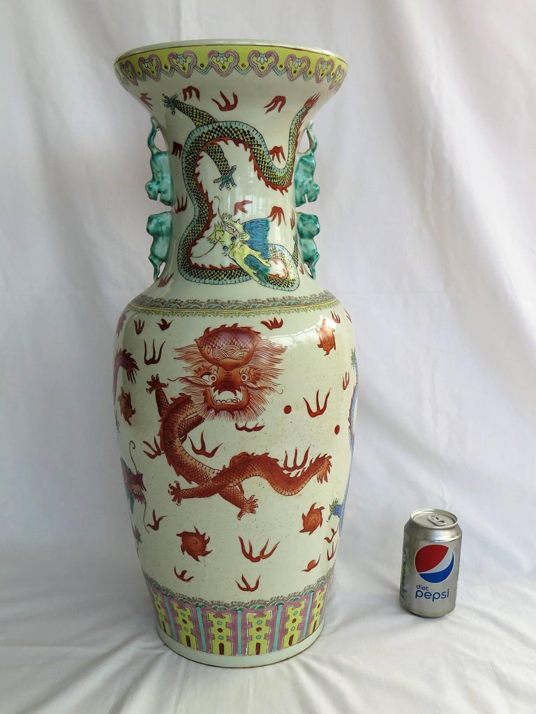 Large Chinese Porcelain Vase HandPainted Dragons Foo Dogs at Neck