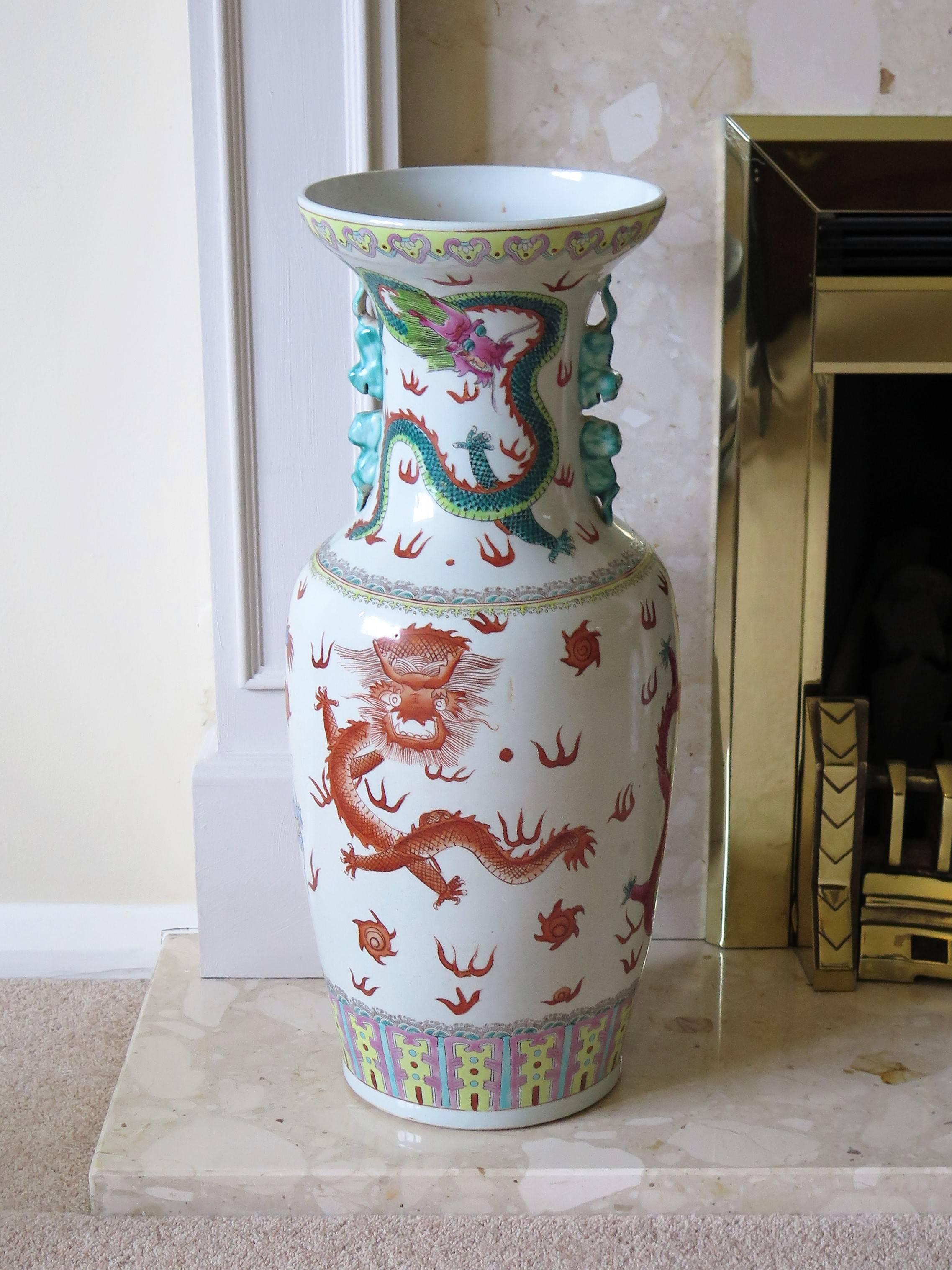 20th Century Large Chinese Porcelain 23 inch Floor Vase Hand-Painted Dragons, Circa 1920