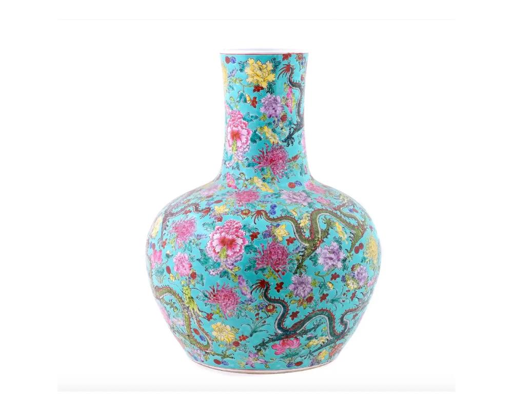 Large Chinese Porcelain Vase W Flowers And Dragons In Good Condition In New York, NY