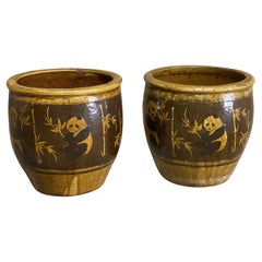 Large Chinese Pottery Bamboo and Panda Decorated Planters, Pair