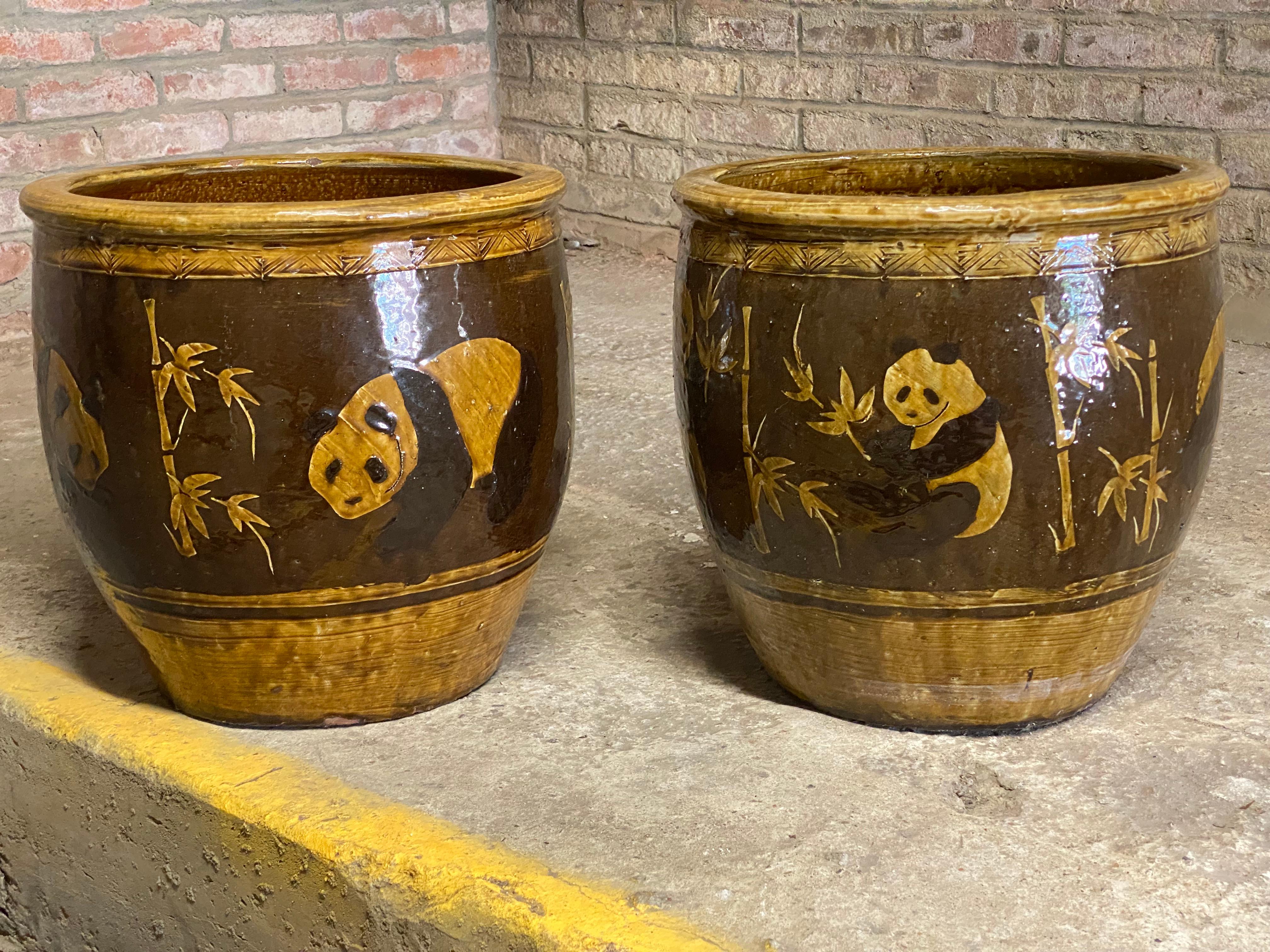 Large Chinese Pottery Bamboo and Panda Decorated Planters, Pair In Good Condition In Garnerville, NY