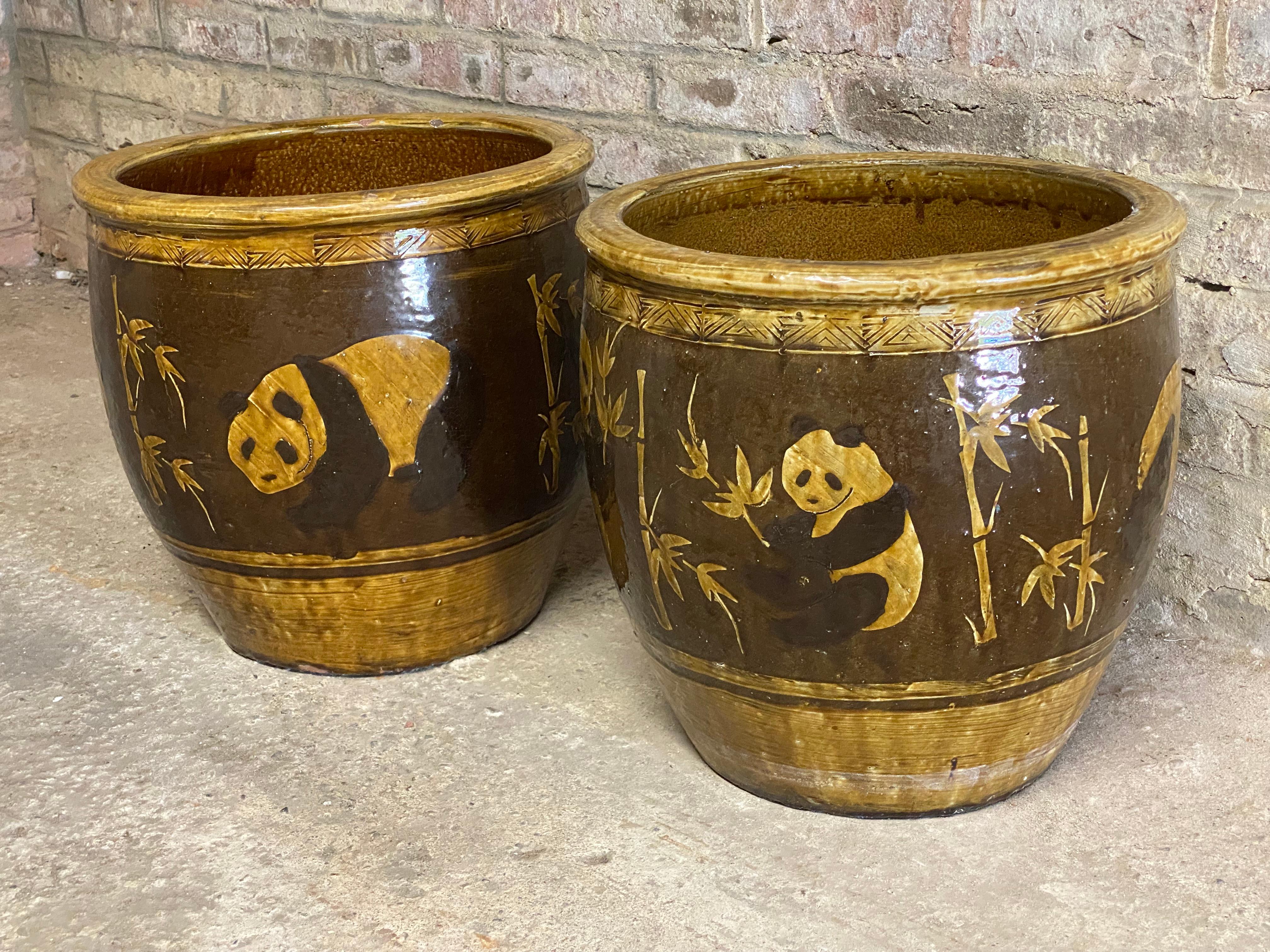 Late 20th Century Large Chinese Pottery Bamboo and Panda Decorated Planters, Pair