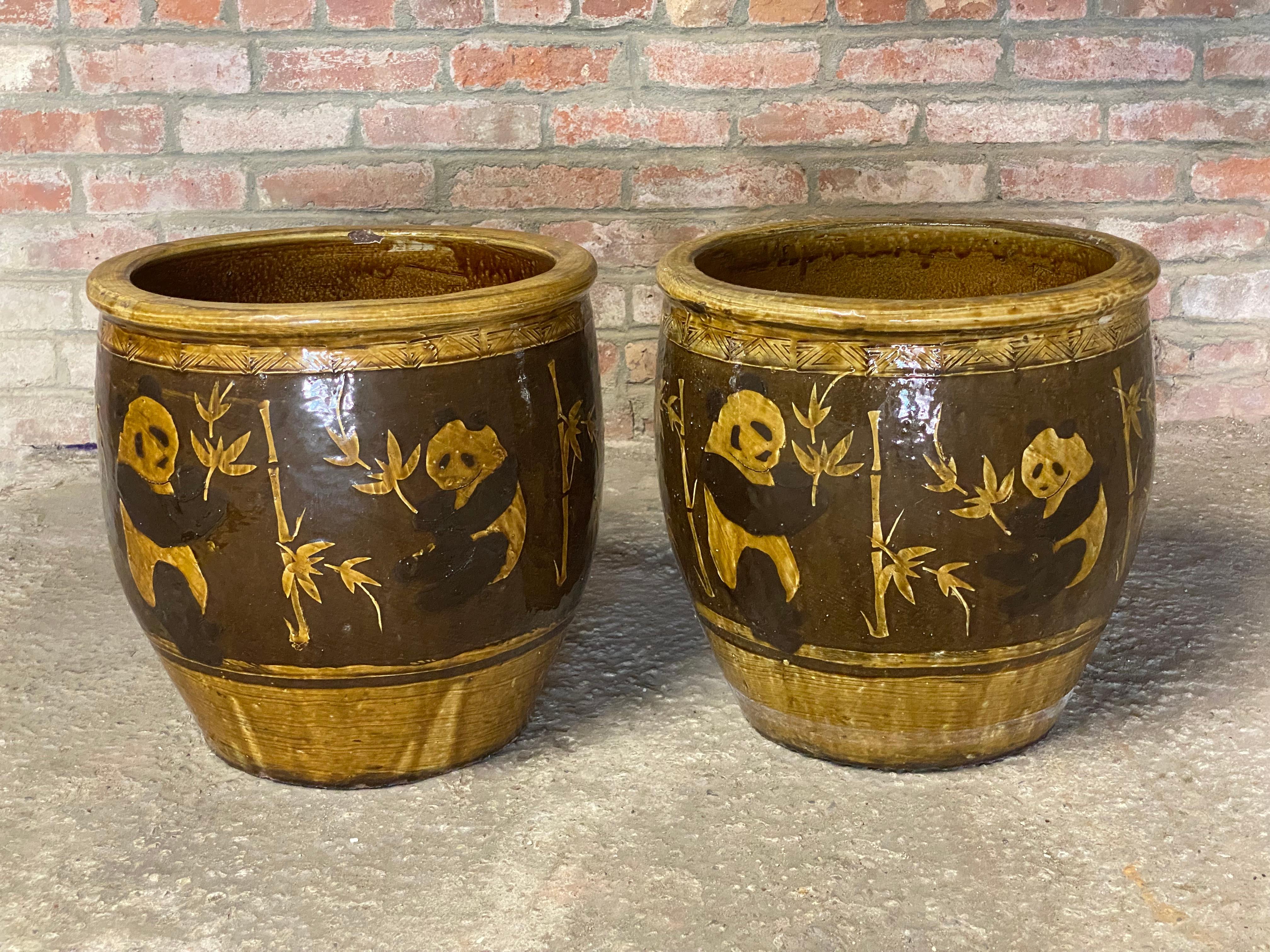 Ceramic Large Chinese Pottery Bamboo and Panda Decorated Planters, Pair