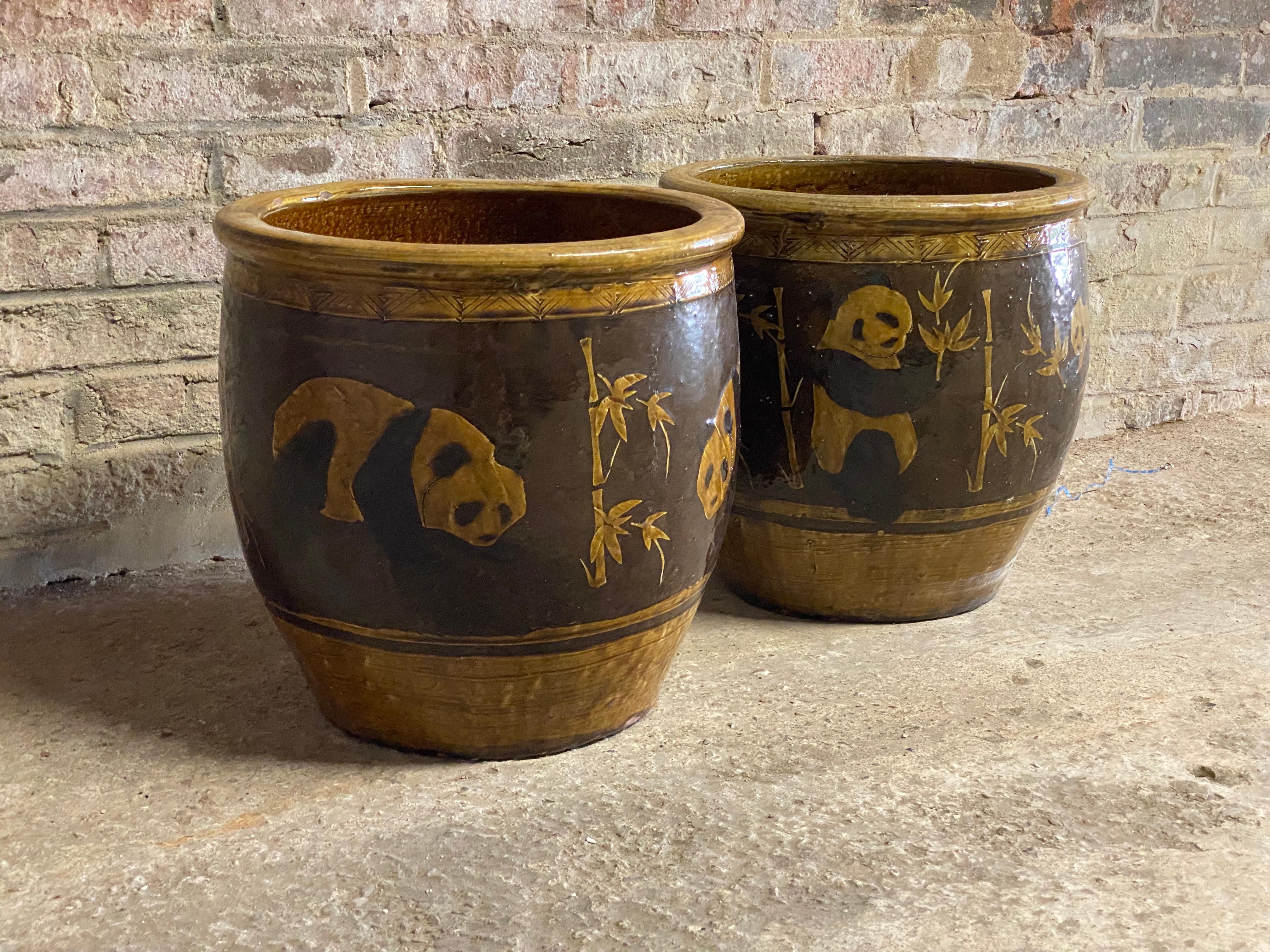 Large Chinese Pottery Bamboo and Panda Decorated Planters, Pair 1
