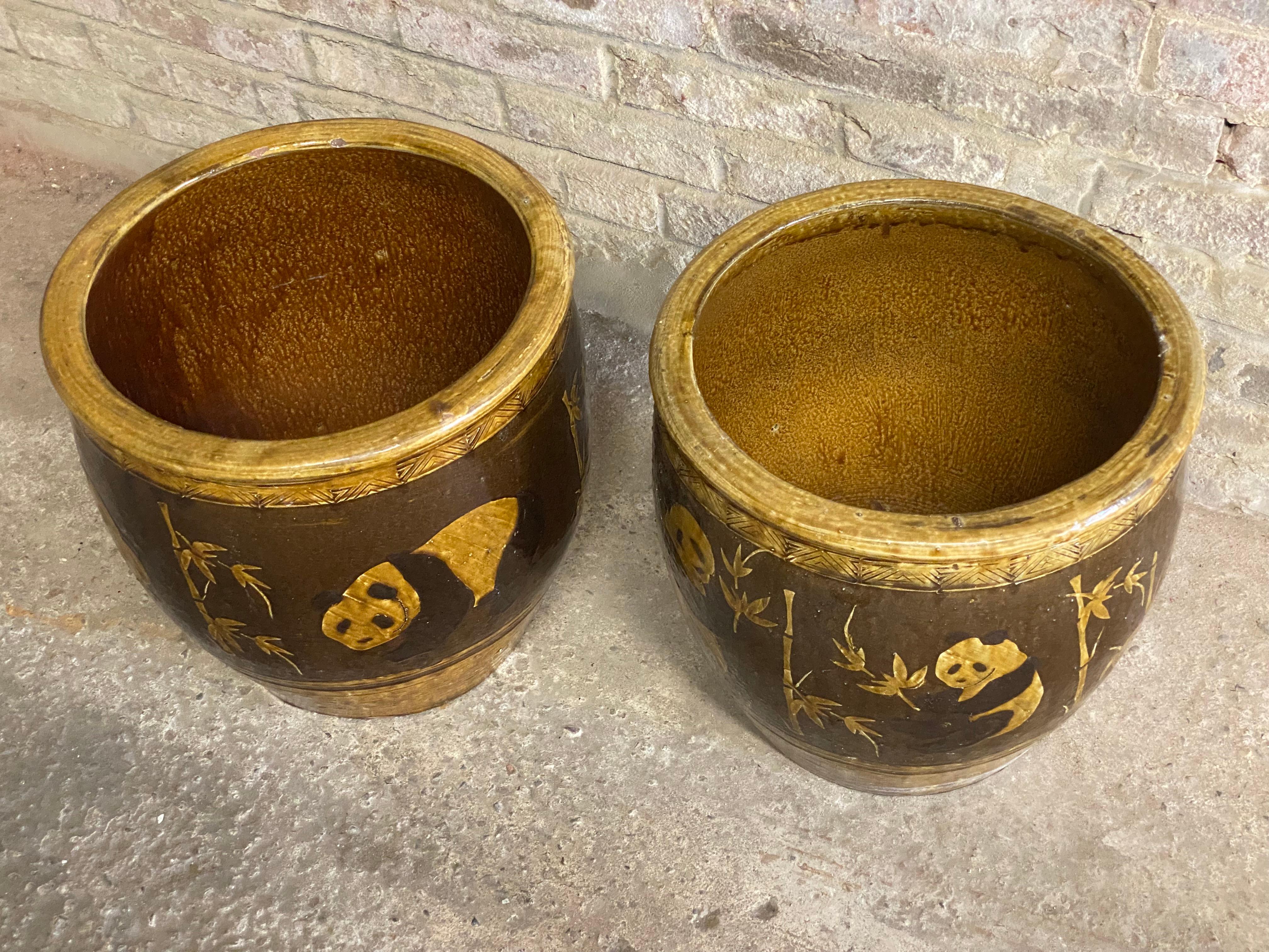 Large Chinese Pottery Bamboo and Panda Decorated Planters, Pair 2